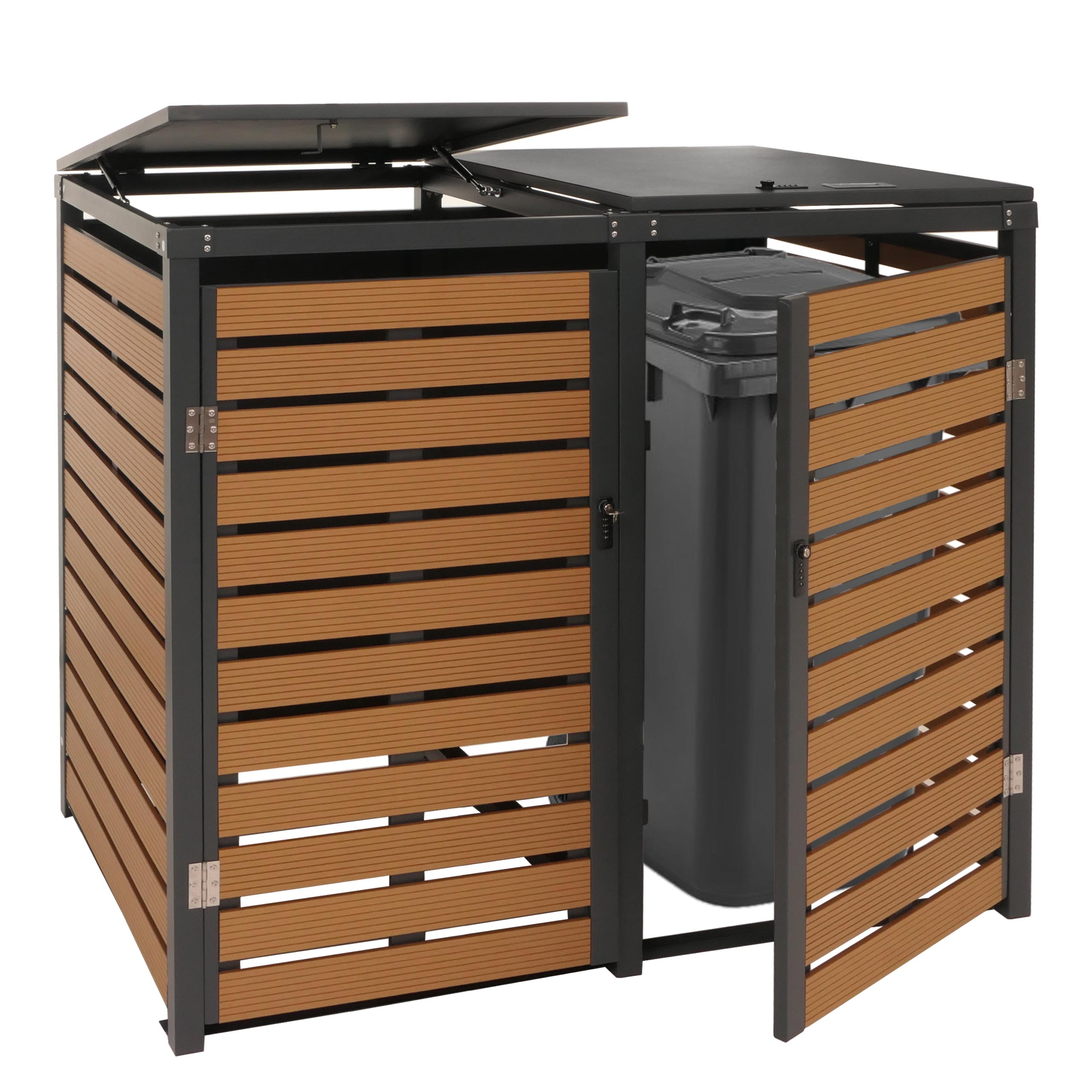 2er M&uuml;lltonnenverkleidung MCW-K14, M&uuml;lltonnenbox M&uuml;lltonnenabdeckung, 119x134x84cm WPC Metall 78kg ~ Teak-Optik 