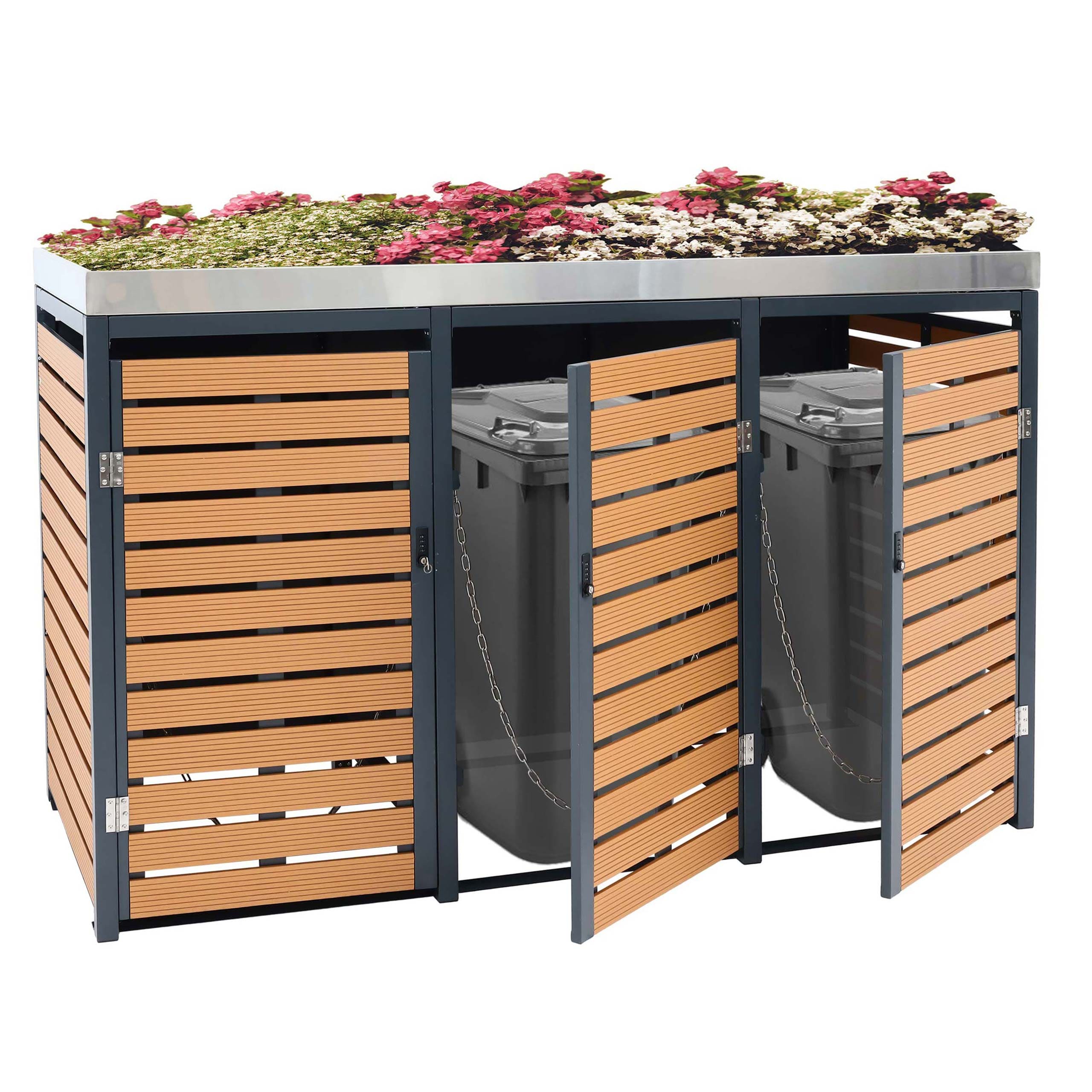 3er M&uuml;lltonnenverkleidung MCW-K14, M&uuml;lltonnenbox mit Pflanzkasten, 124x200x84cm WPC Edelstahl 107kg ~ Teak-Optik 