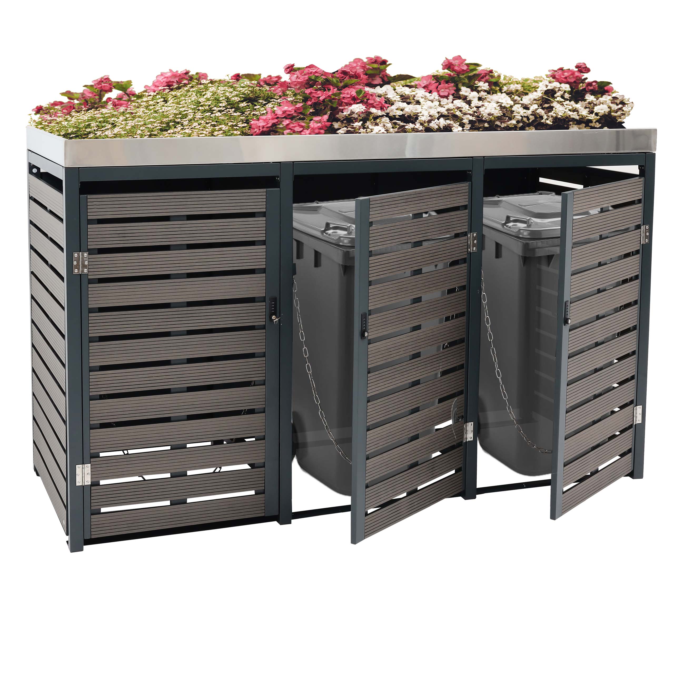 3er M&uuml;lltonnenverkleidung MCW-K14, M&uuml;lltonnenbox mit Pflanzkasten, 124x200x84cm WPC Edelstahl 107kg ~ anthrazit 