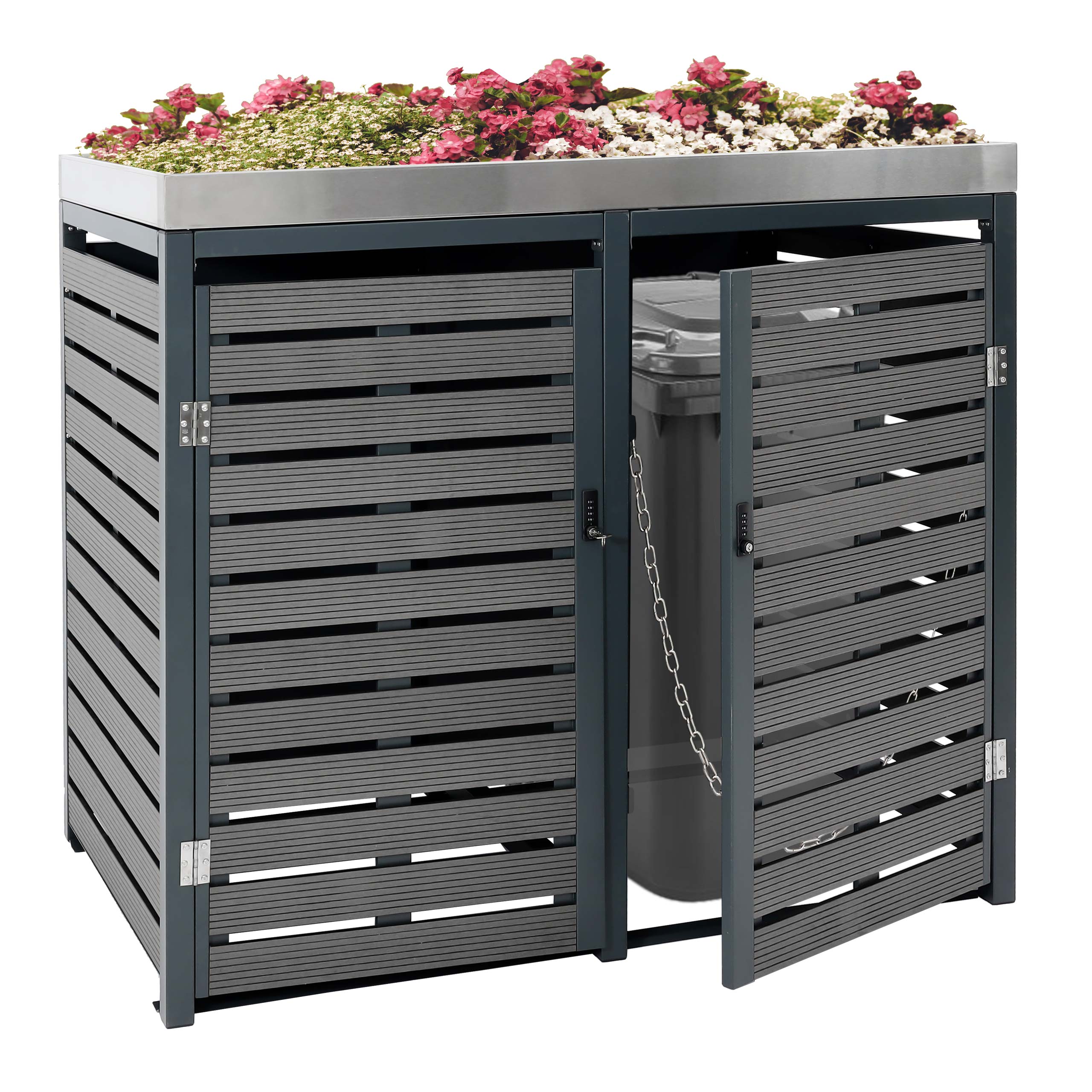 2er M&uuml;lltonnenverkleidung MCW-K14, M&uuml;lltonnenbox mit Pflanzkasten, 124x134x84cm WPC Edelstahl 79kg ~ anthrazit 
