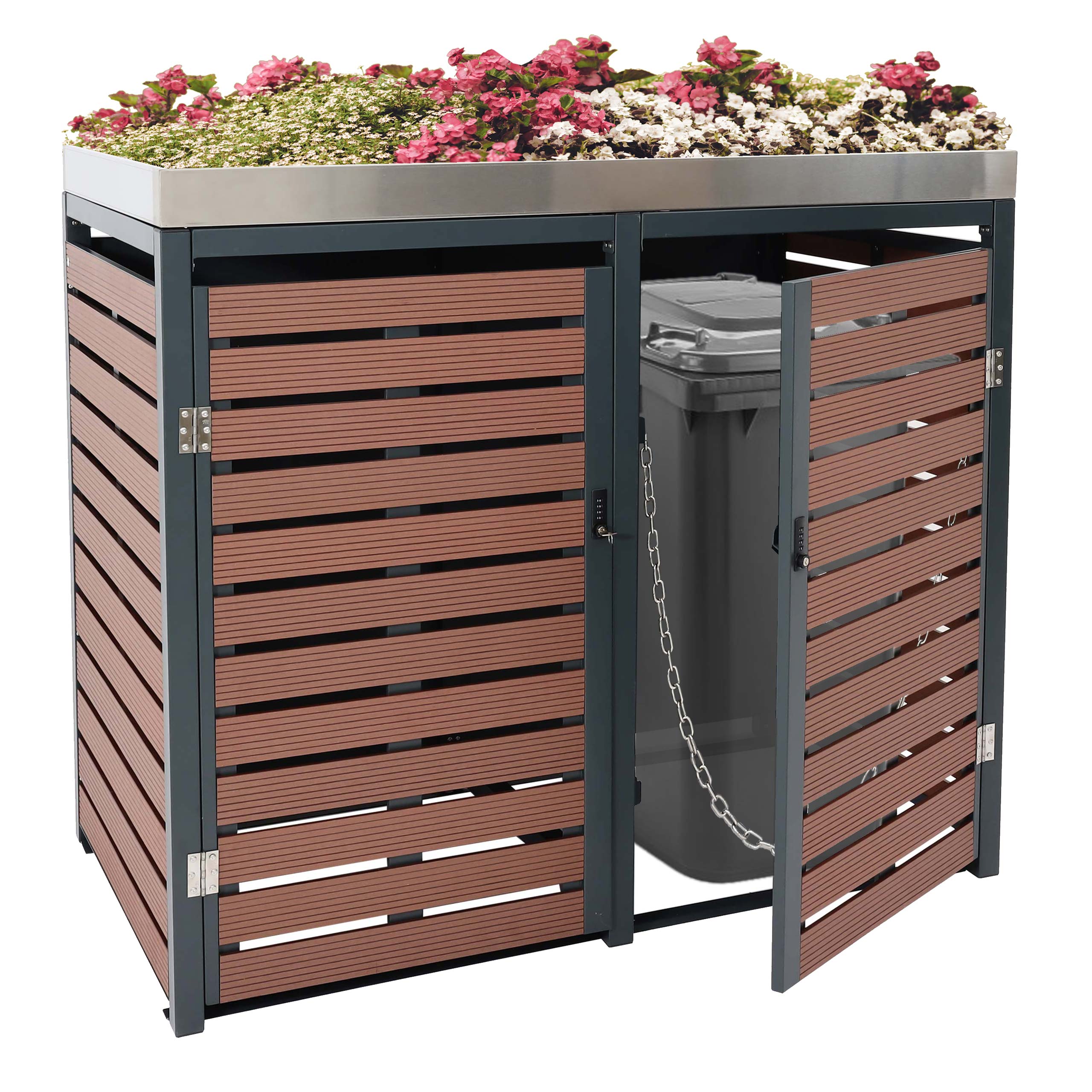 2er M&uuml;lltonnenverkleidung MCW-K14, M&uuml;lltonnenbox mit Pflanzkasten, 124x134x84cm WPC Edelstahl 79kg ~ Walnuss-Holzoptik 