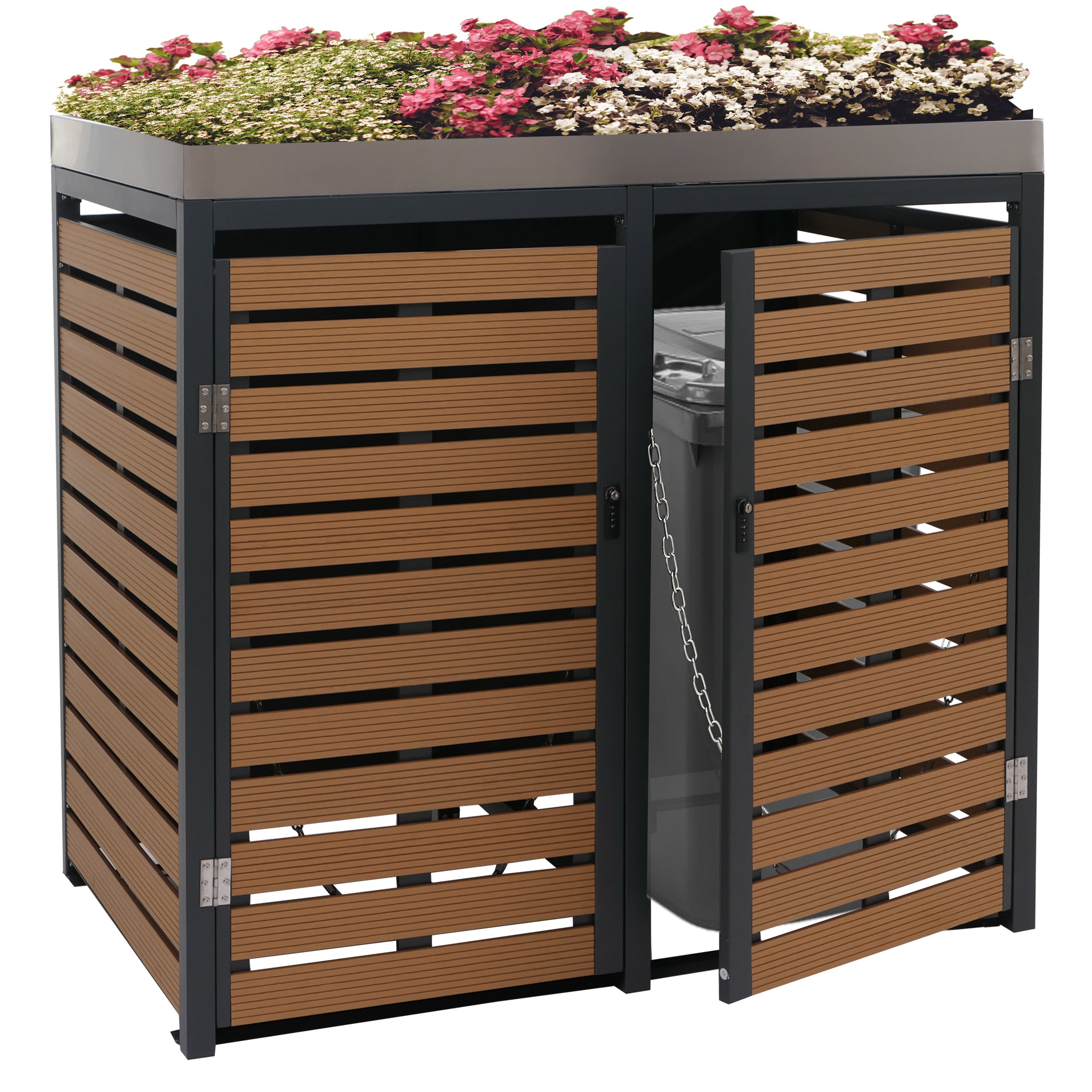 2er M&uuml;lltonnenverkleidung MCW-K14, M&uuml;lltonnenbox mit Pflanzkasten, 124x134x84cm WPC Edelstahl 79kg ~ Teak-Optik 
