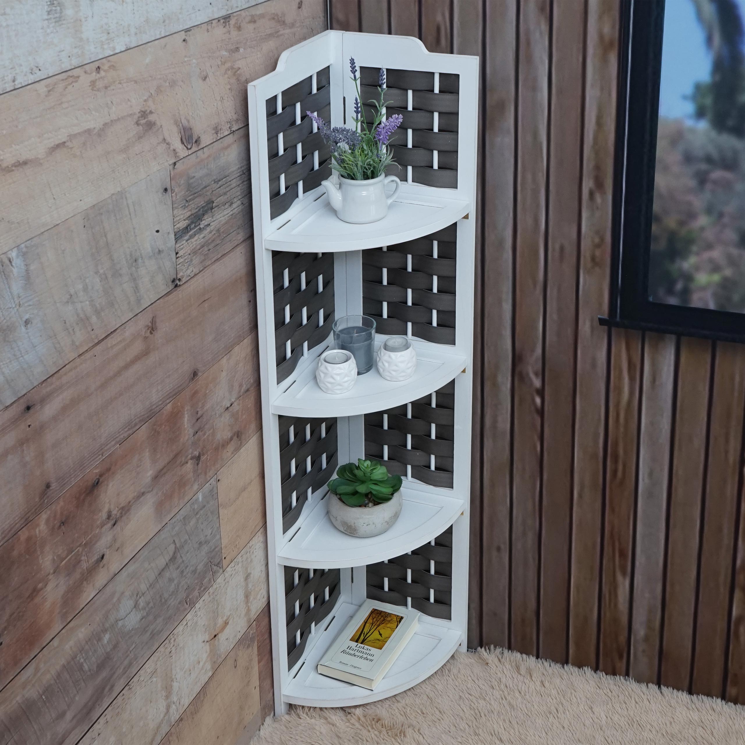 Eckregal MCW-K85, Regal Standregal, klappbar 4 Ablagen, Paulownia Holz 110cm ~ wei&szlig;, Geflecht anthrazit 