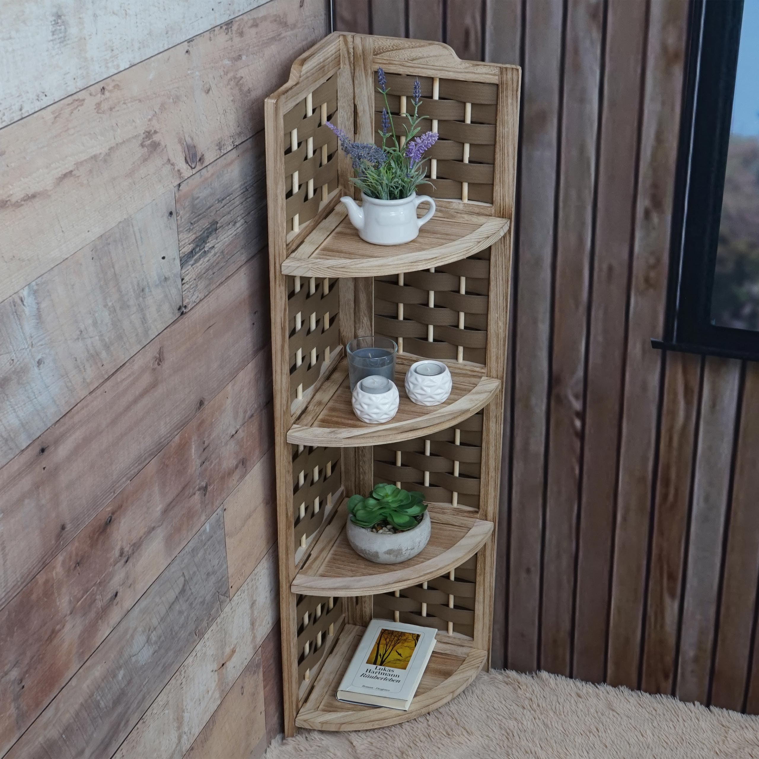 Eckregal MCW-K85, Regal Standregal, klappbar 4 Ablagen, Paulownia Holz 110cm ~ braun, Geflecht braun 
