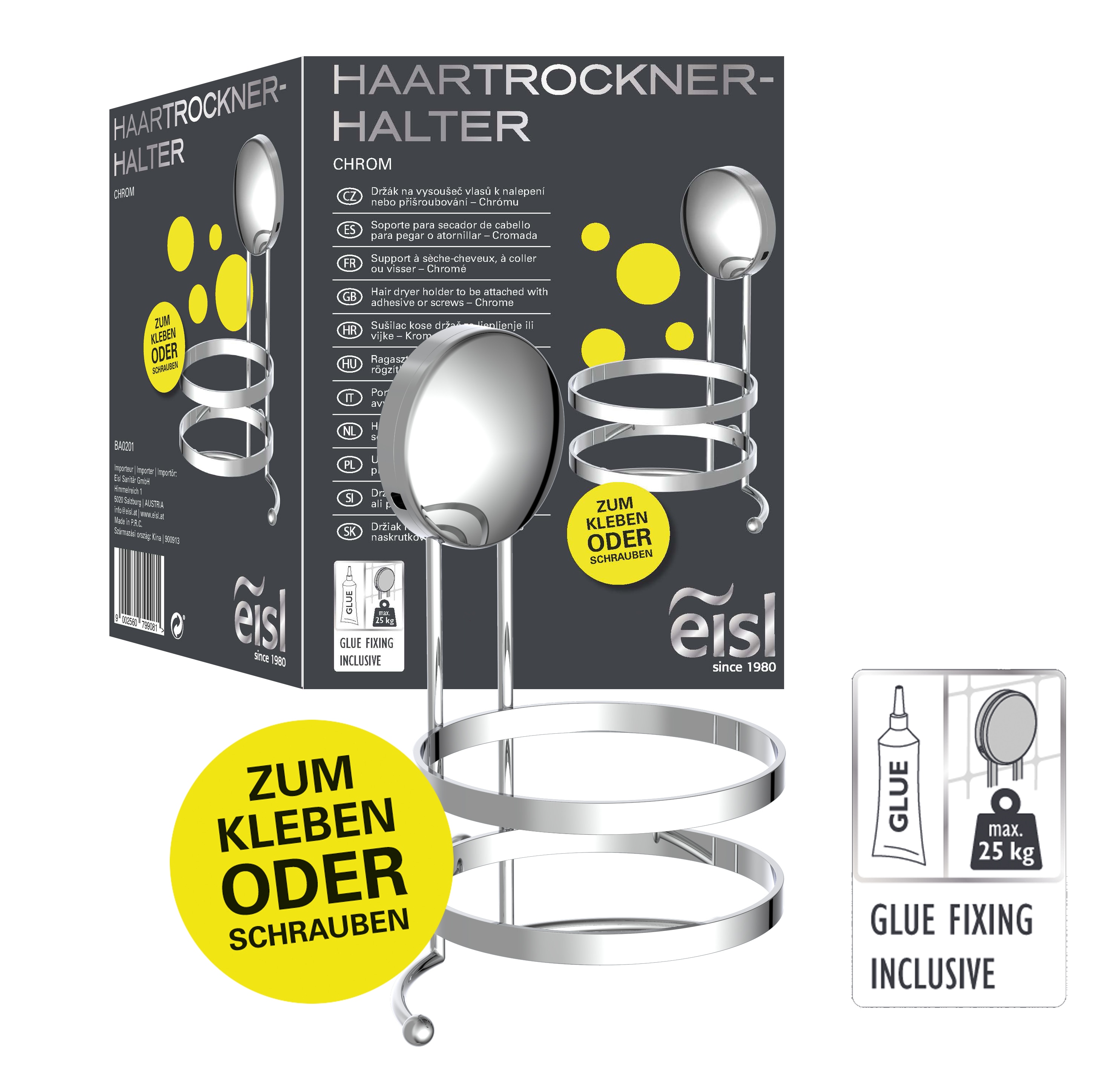 Eisl F&ouml;nhalter ohne Bohren Chrom 