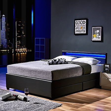HOME DELUXE LED Bett Nube mit Schubladen und Matratze, 180 x 200cm - versch. Ausführungen - Dunkelgrau 