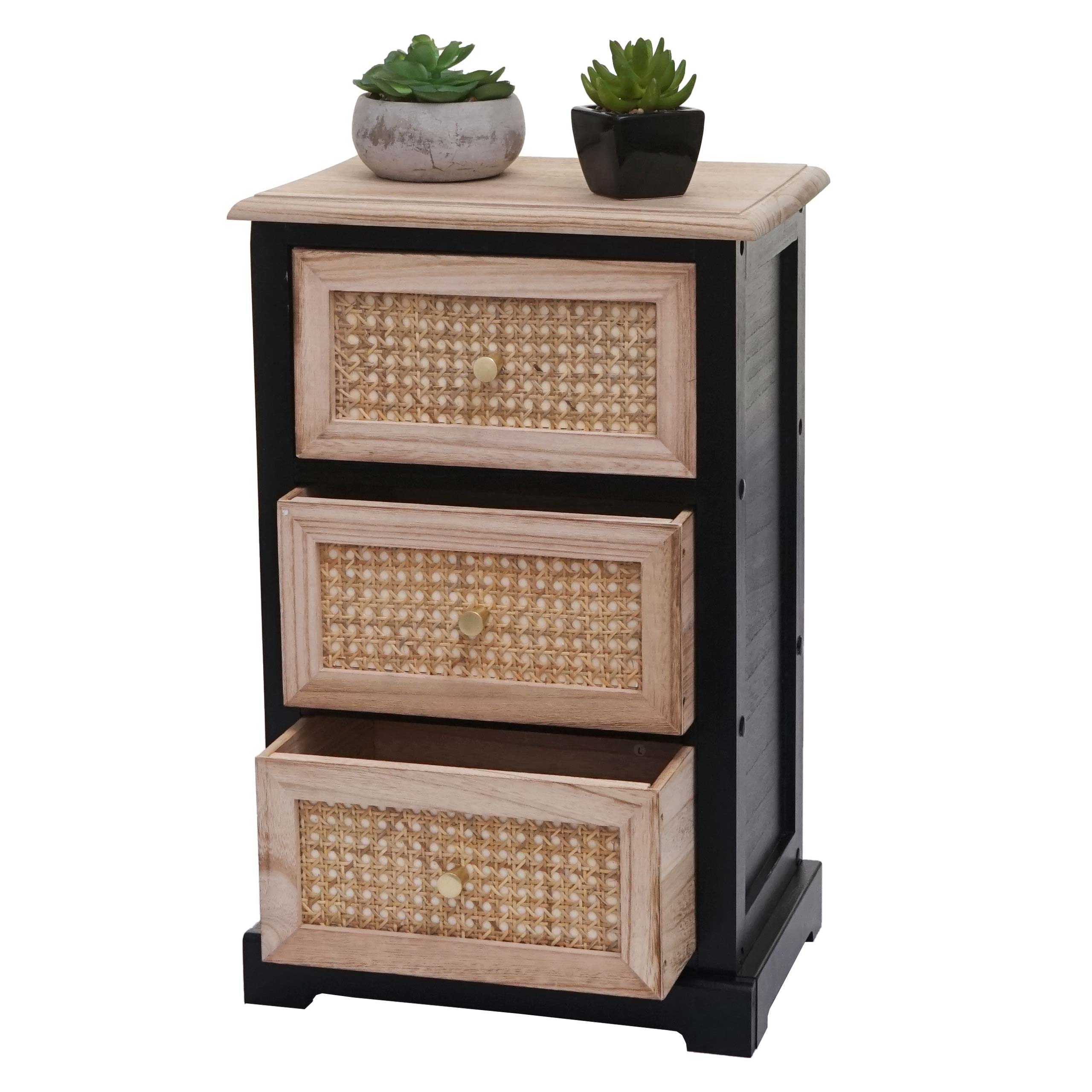 Kommode MCW-K87, Schubladenschrank Schrank, Holz Rattan 63x40x28cm ~ schwarz, naturfarben 