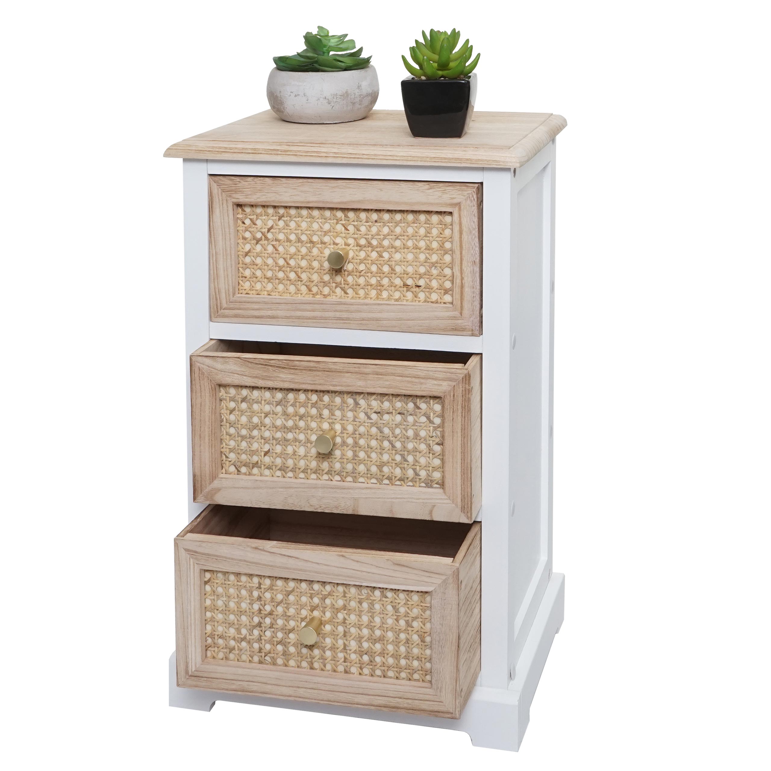 Kommode MCW-K87, Schubladenschrank Schrank, Holz Rattan 63x40x28cm ~ wei&szlig;, naturfarben 