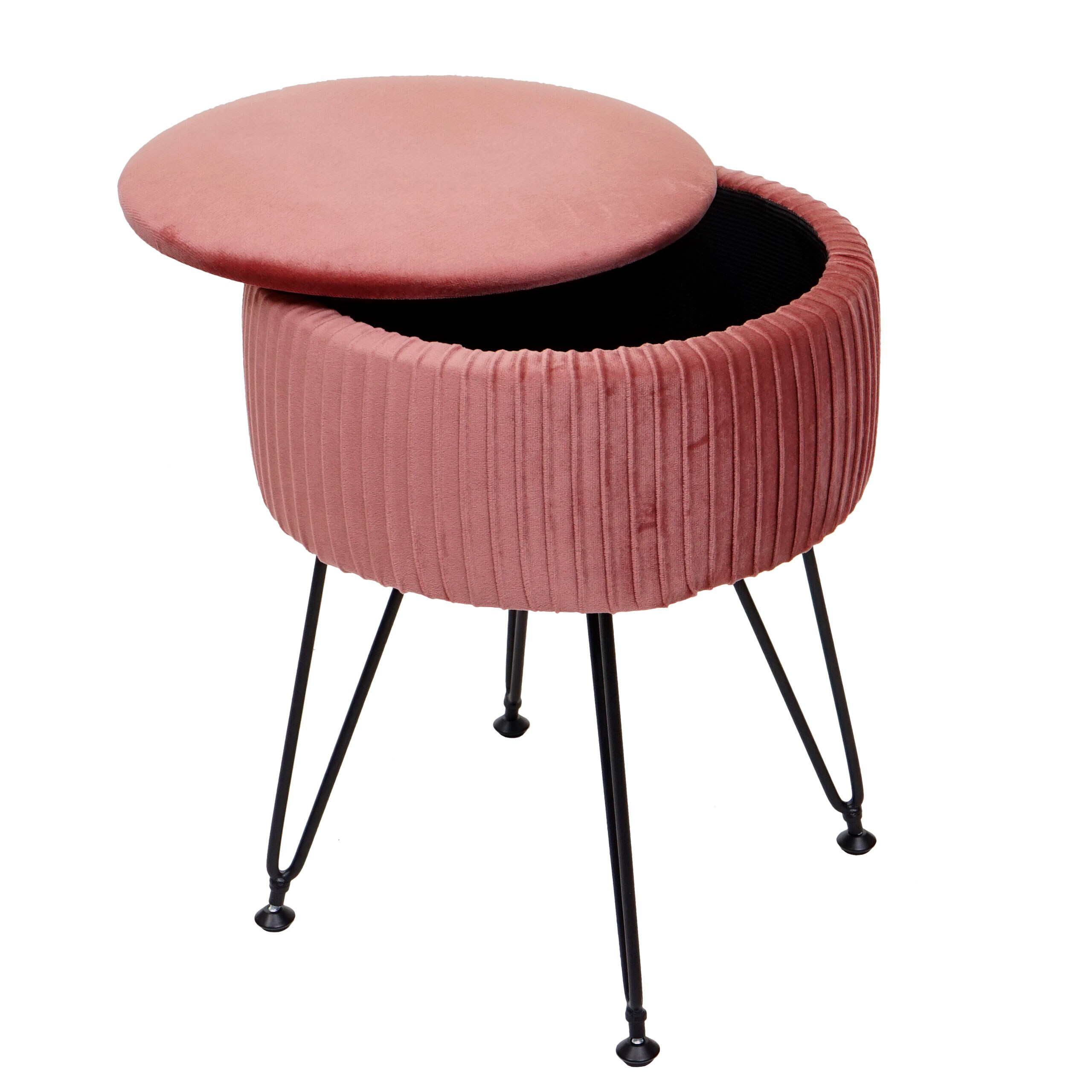 Sitzhocker MCW-K47, Hocker mit Staufach, &Oslash; 33cm, Samt-Optik ~ rosa, Gestell schwarz 