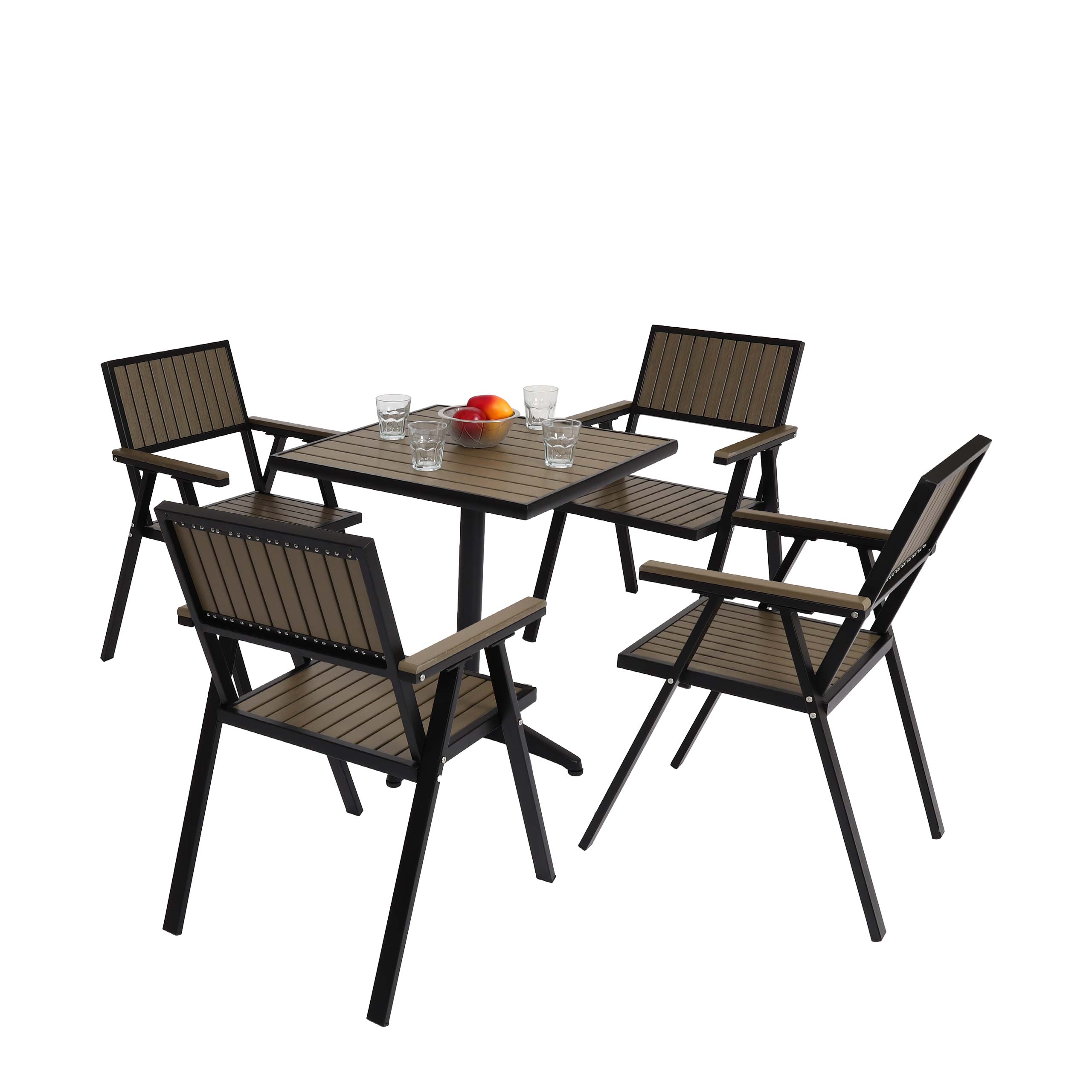 4er-Set Gartenstuhl+Gartentisch MCW-J95, Stuhl Tisch, Gastro Outdoor-Beschichtung, Alu Holzoptik ~ schwarz, grau 