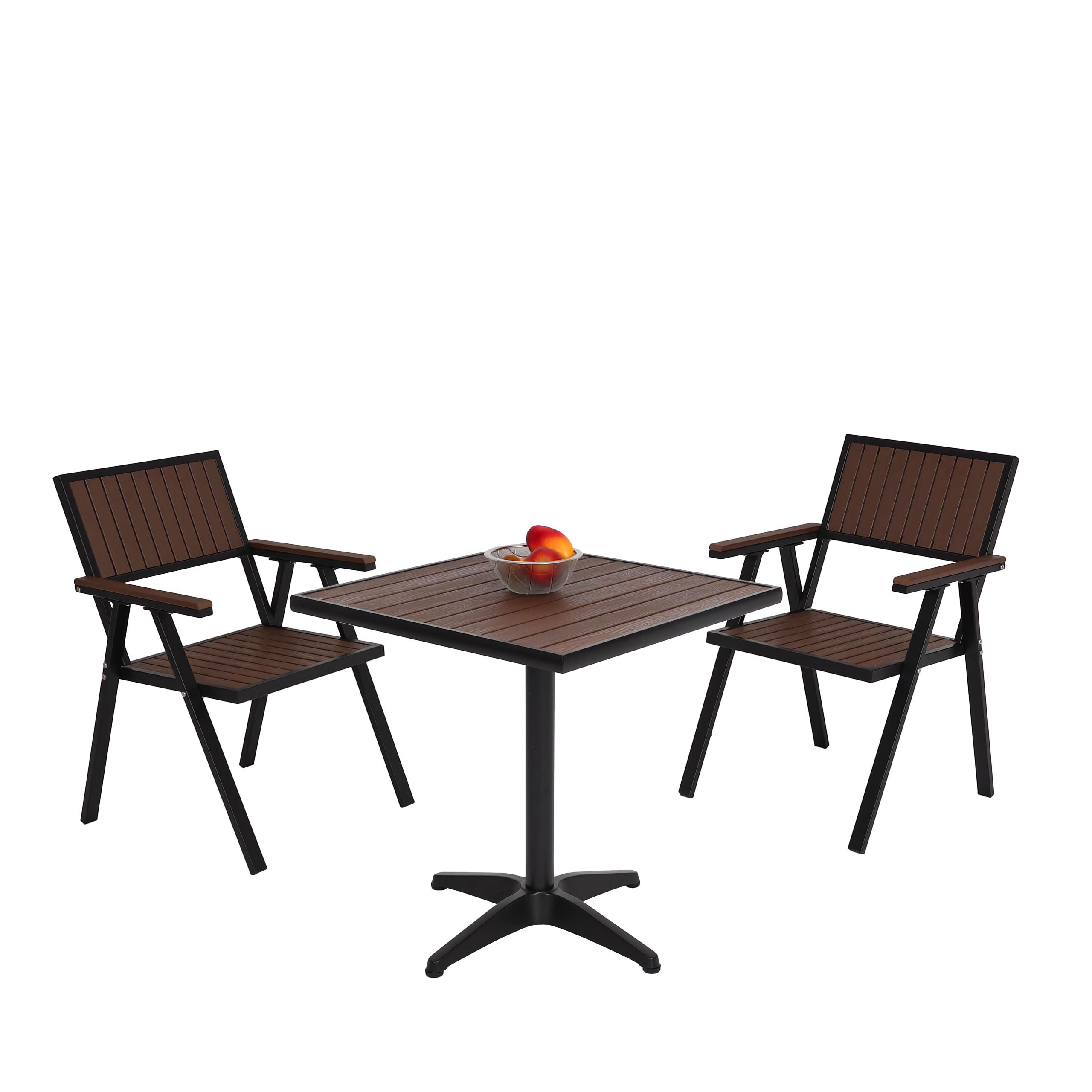 2er-Set Gartenstuhl+Gartentisch MCW-J95, Stuhl Tisch, Gastro Outdoor-Beschichtung, Alu Holzoptik ~ schwarz, dunkelbraun 