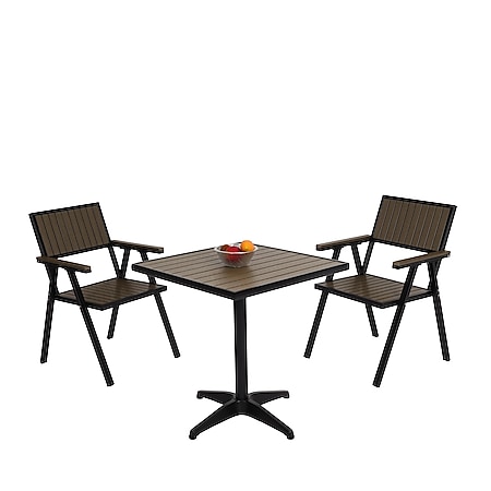 2er-Set Gartenstuhl+Gartentisch MCW-J95, Stuhl Tisch, Gastro Outdoor-Beschichtung, Alu Holzoptik ~ schwarz, grau 