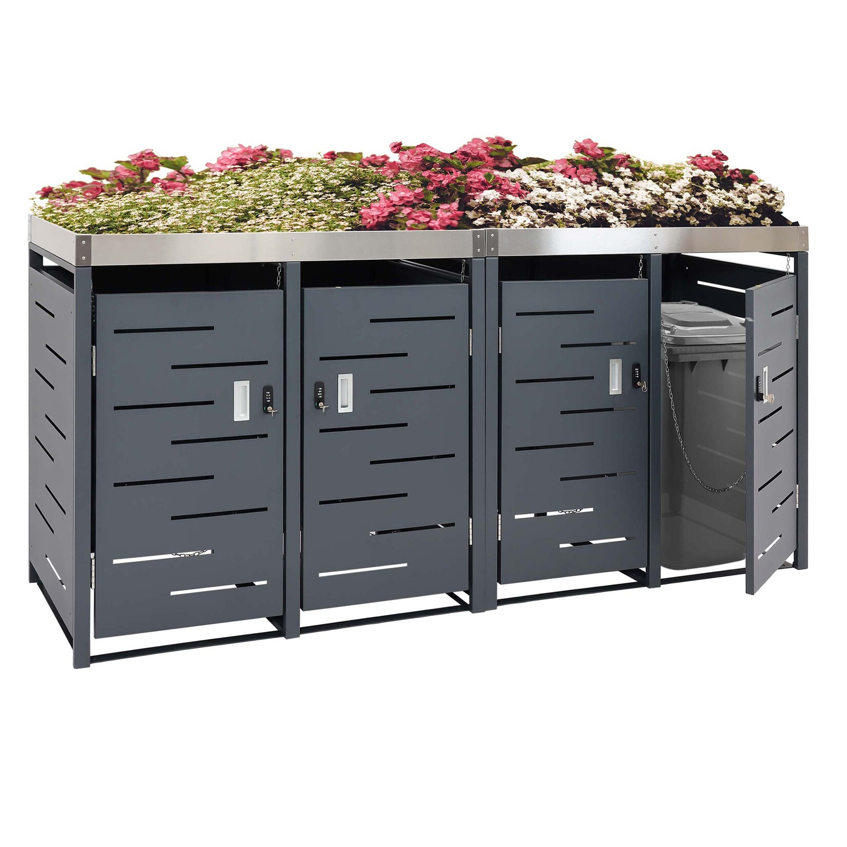 4er-Mülltonnenverkleidung -H40b, Mülltonnenbox, Pflanzkasten Edelstahl-Metall-Kombi  110x230x62cm erweiterbar