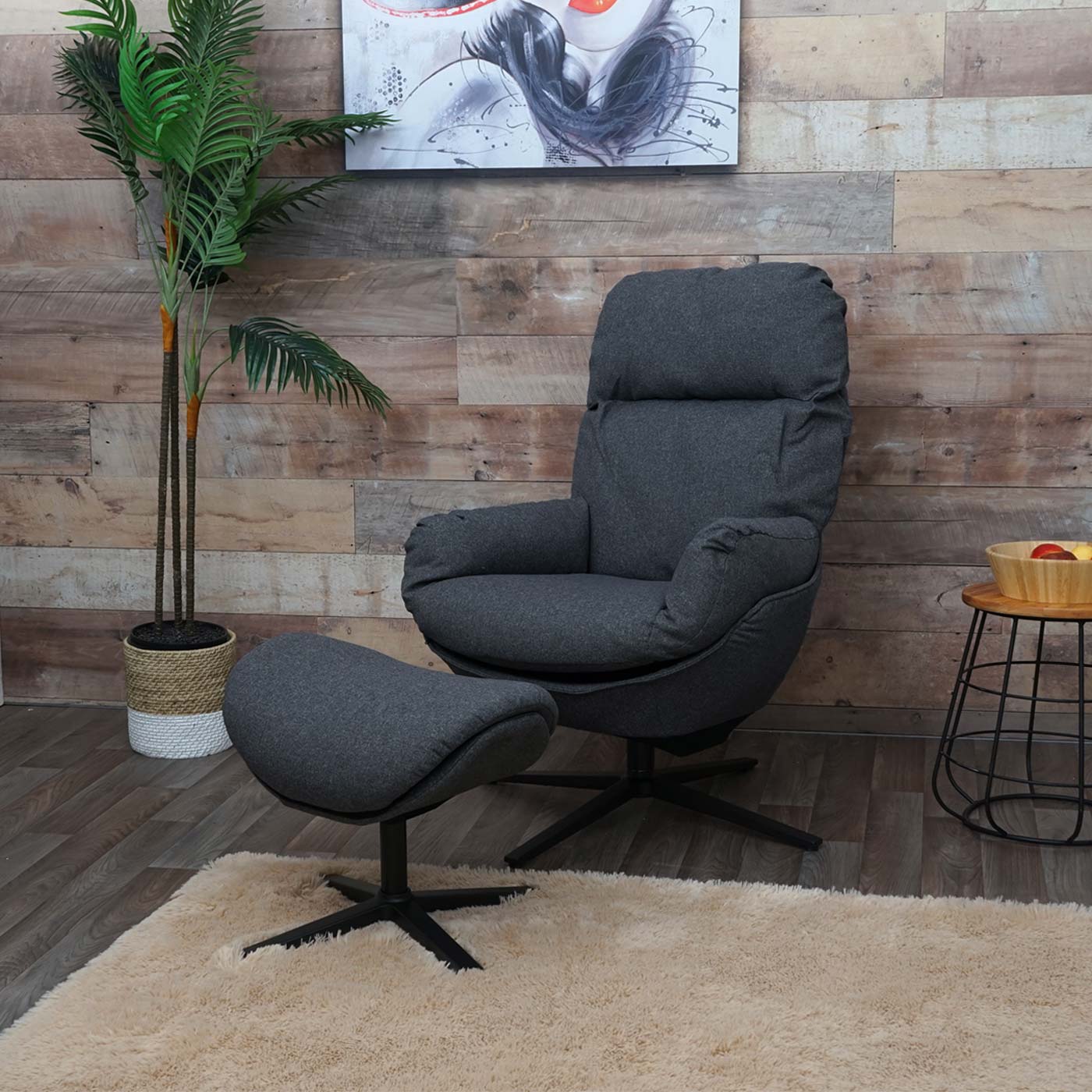 Relaxsessel + Hocker MCW-L12, Fernsehsessel Sessel Schaukelstuhl Wippfunktion, drehbar, Metall Stoff/Textil ~ dunkelgrau