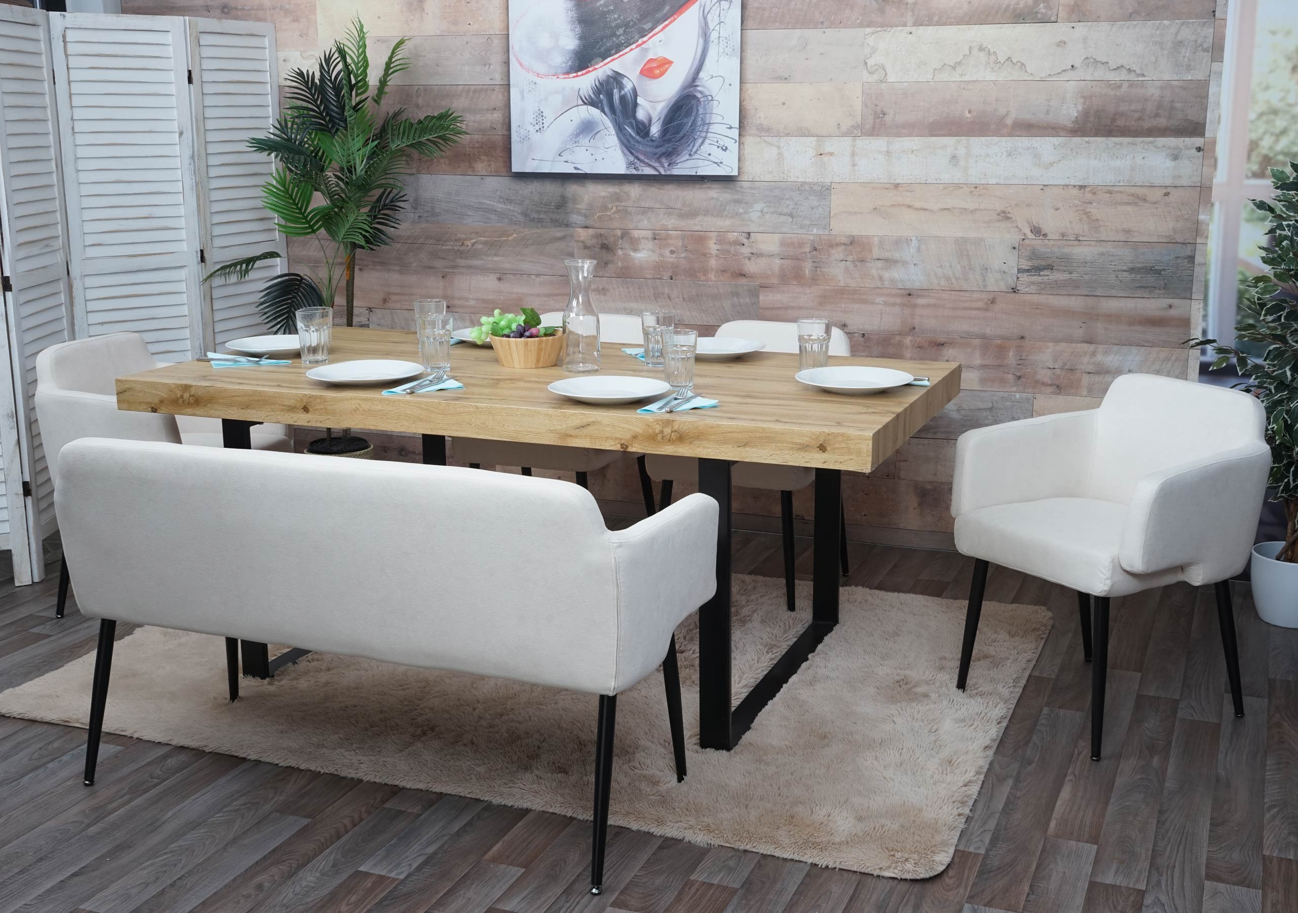 Esszimmer-Set MCW-L13, 4er-Set Stuhl+Sitzbank Esszimmergruppe Sitzgruppe Esszimmergarnitur, Stoff/Textil ~ creme-wei&szlig; 