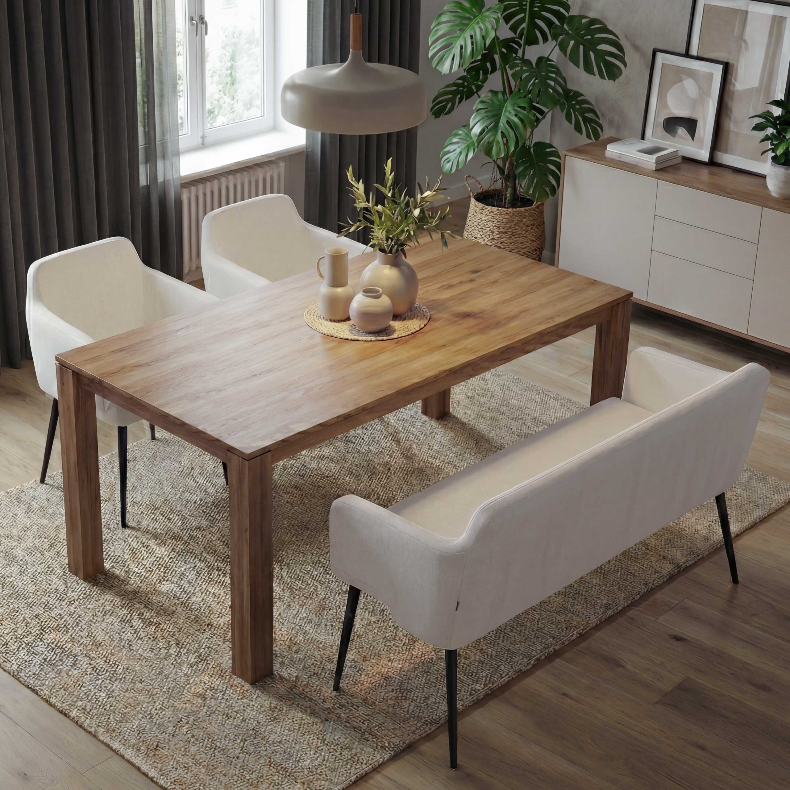 Esszimmer-Set MCW-L13, 2er-Set Stuhl+Sitzbank Esszimmergruppe Sitzgruppe Esszimmergarnitur, Stoff/Textil ~ creme-wei&szlig; 