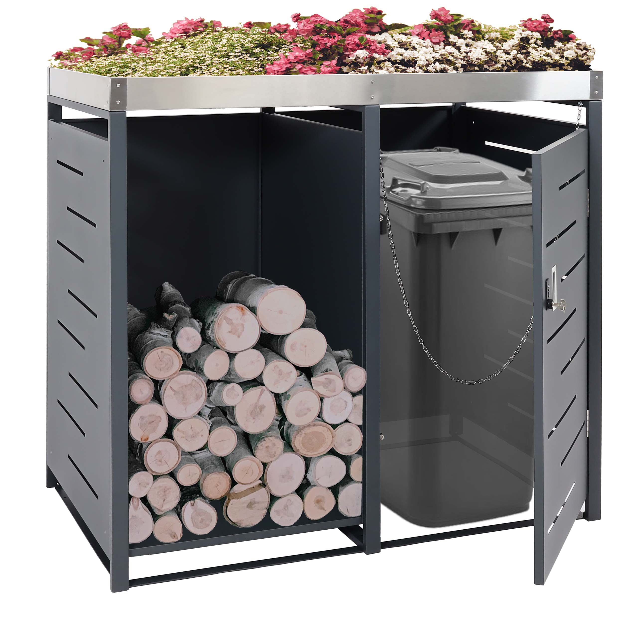 1er-M&uuml;lltonnenverkleidung mit Brennholzlager MCW-H40, M&uuml;lltonnenbox, 125x130x80cm erweiterbar Metall 45kg ~ anthrazit 