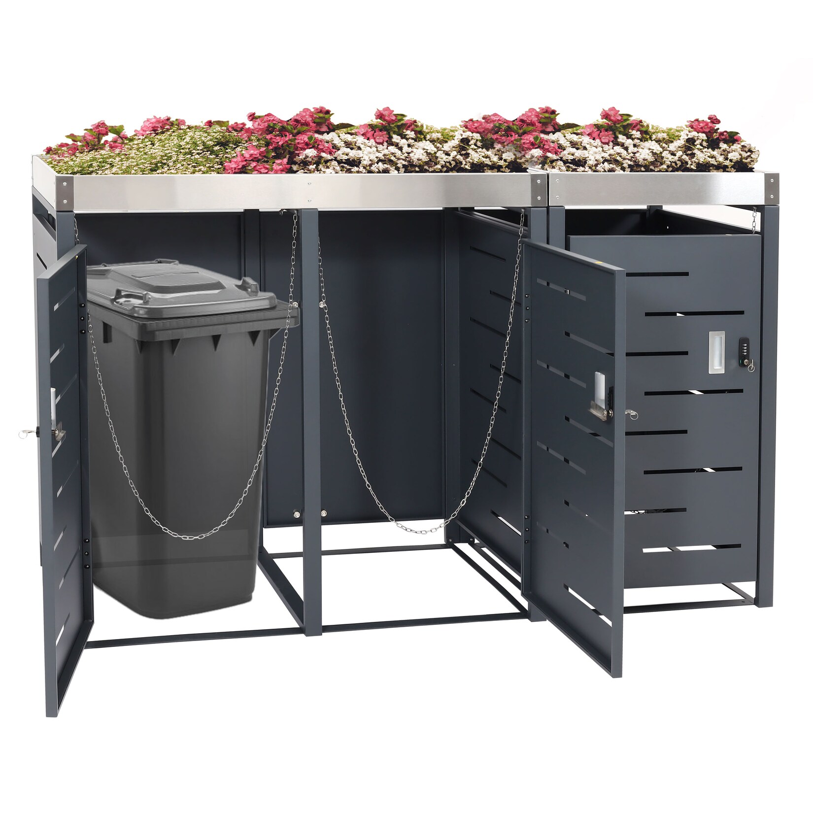 3er-Mülltonnenverkleidung -H40b, Mülltonnenbox, Pflanzkasten Edelstahl-Metall-Kombi  110x175x62cm erweiterbar
