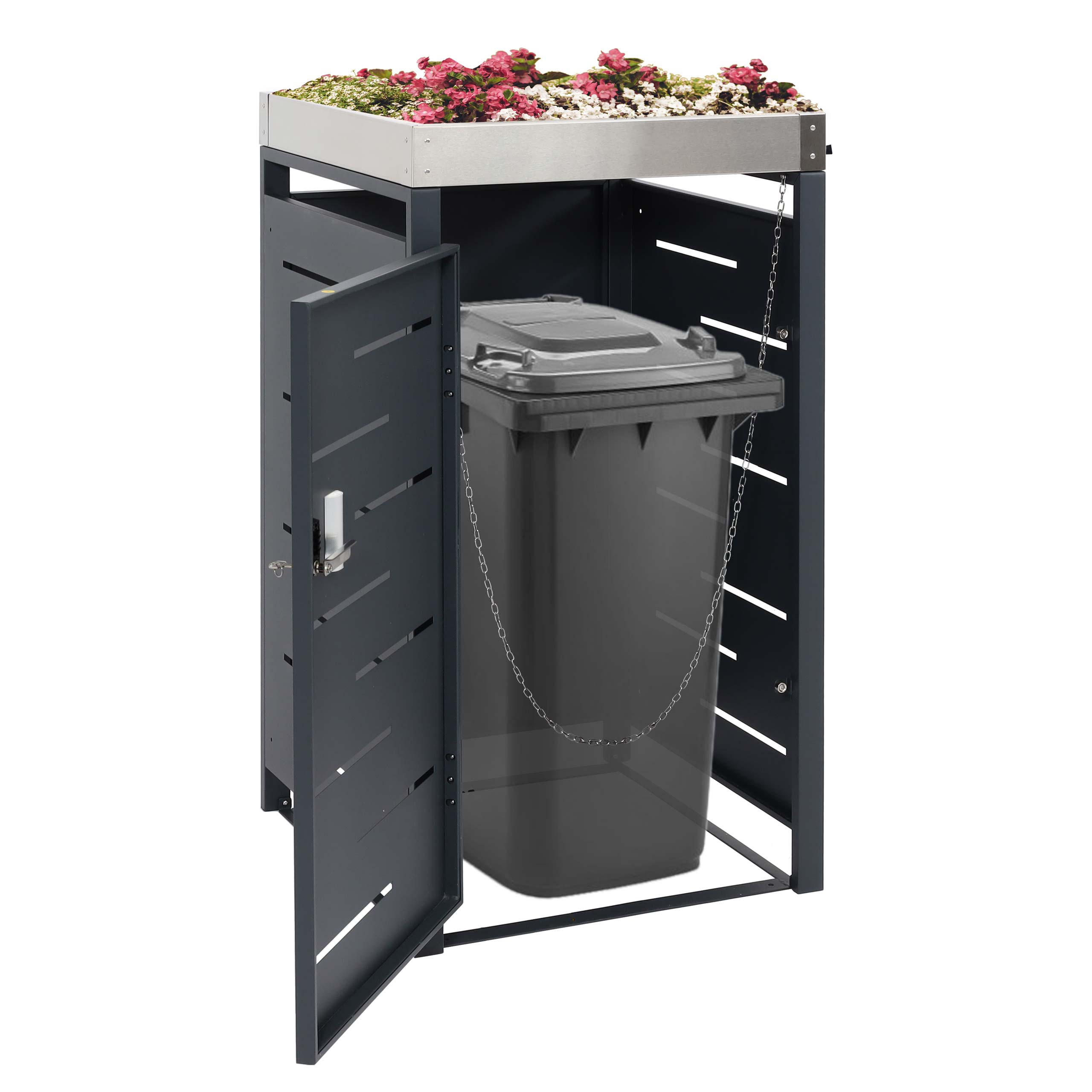 1er-M&uuml;lltonnenverkleidung MCW-H40b, M&uuml;lltonnenbox, Pflanzkasten Edelstahl-Metall-Kombi 24kg 110x60x62cm erweiterbar 