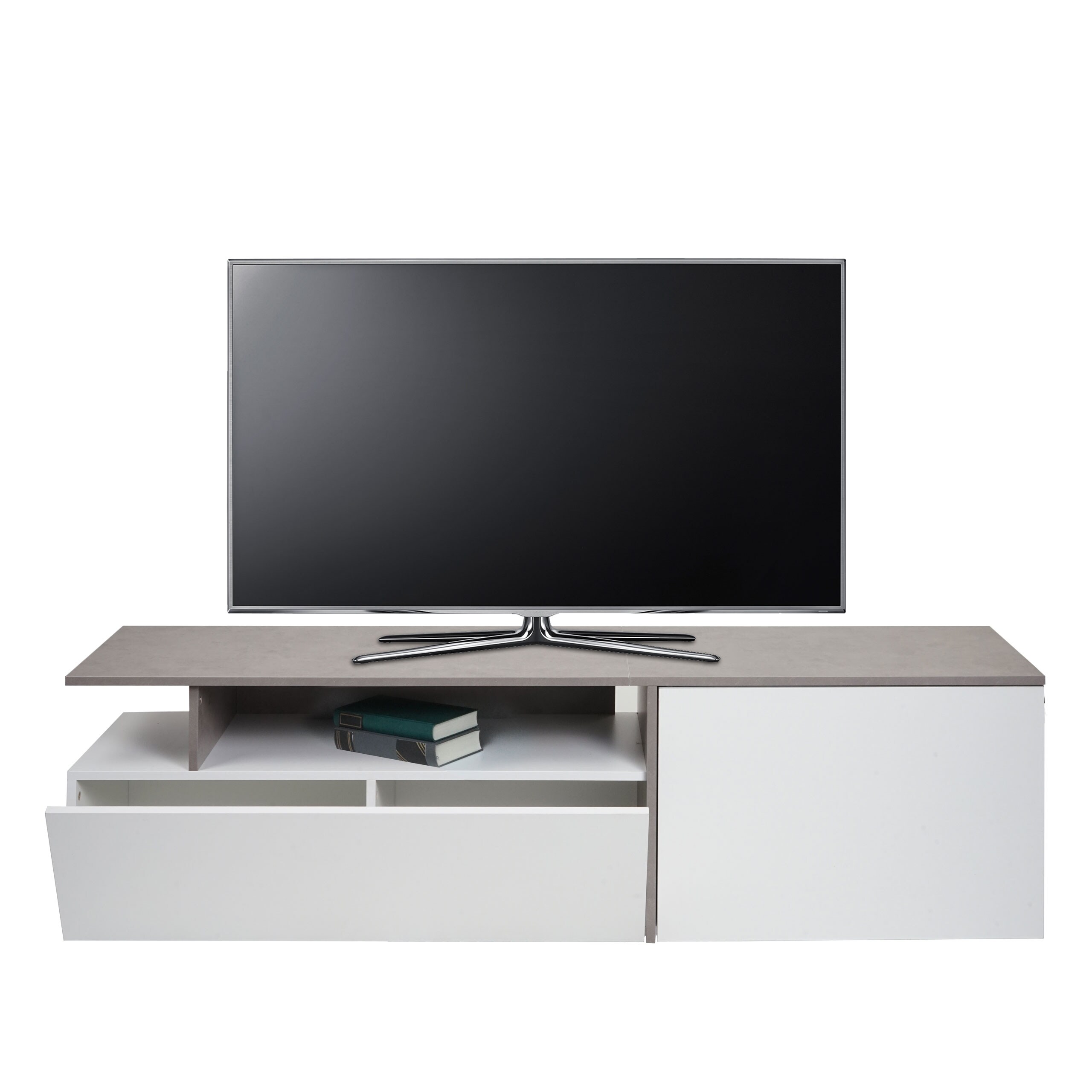 TV-Rack MCW-L34, Lowboard Fernsehtisch Sideboard TV-Schrank Kommode, Holz 45x161x40cm Staufach, Beton-Optik wei&szlig; 