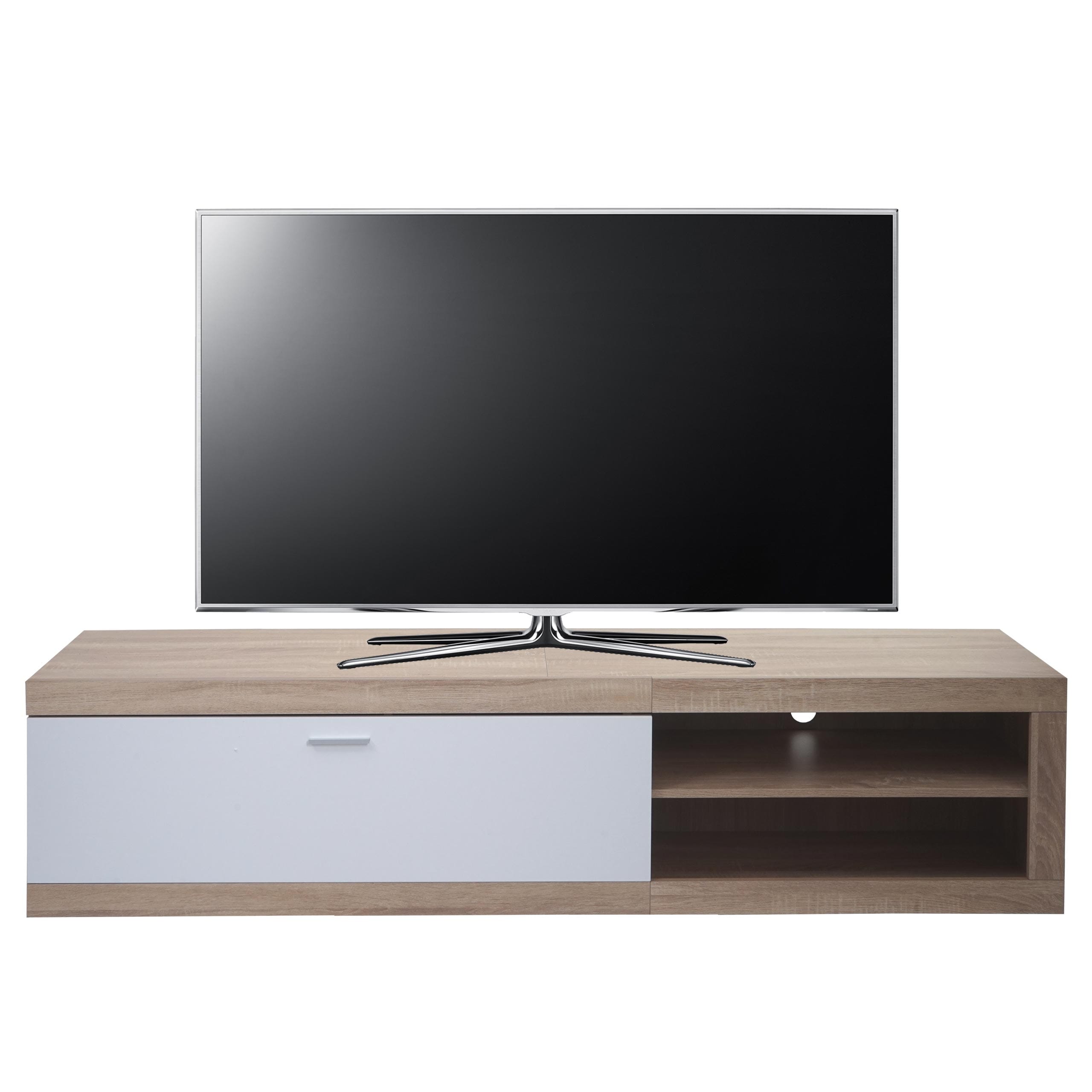 TV-Rack MCW-L33, TV-Board Fernsehtisch Lowboard TV-Schrank Kommode, Holz 43x180x41cm Staufach, Eiche-Optik, wei&szlig; 