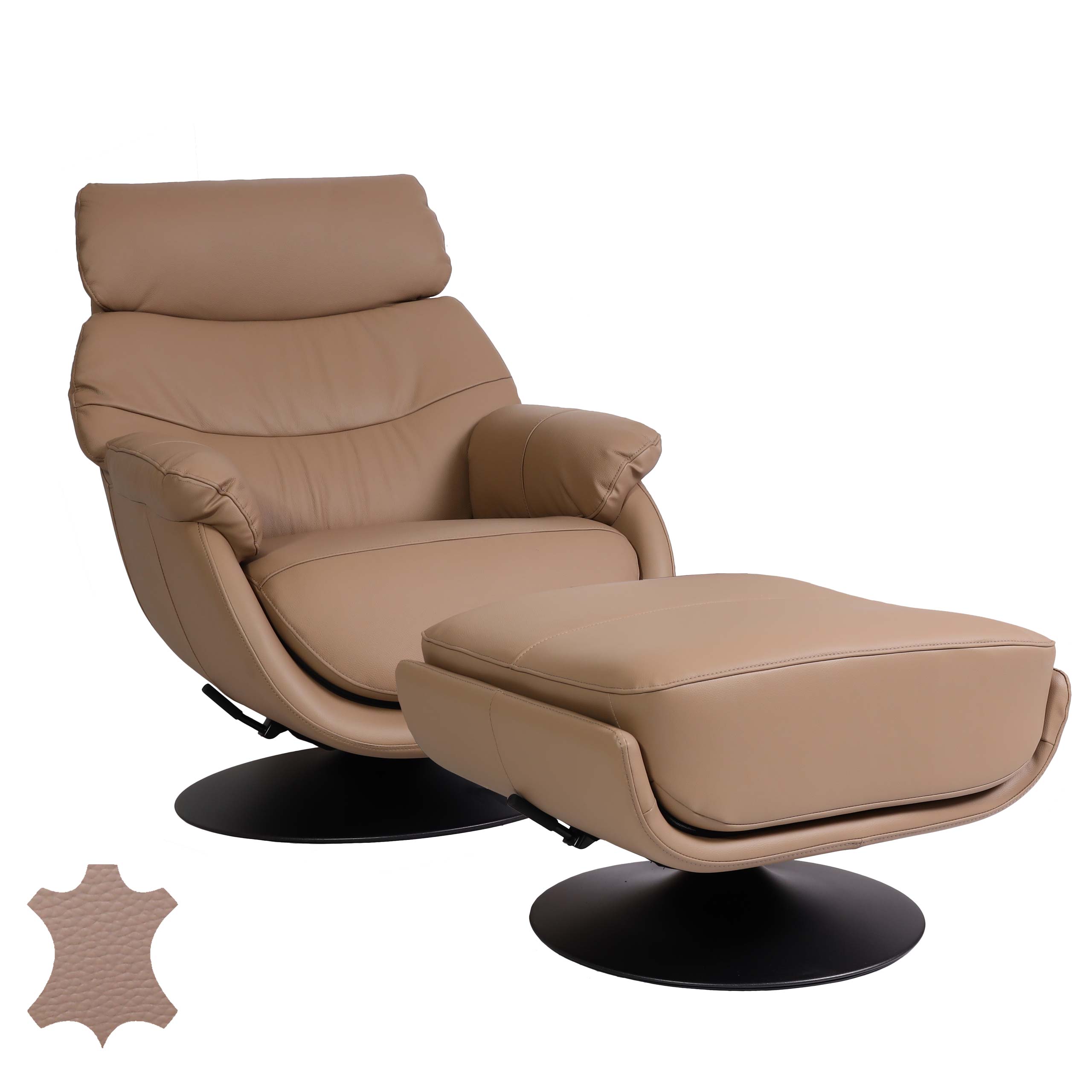Relaxsessel mit Hocker MCW-K99, Fernsehsessel Sessel, Wippfunktion drehbar, Metall Echtleder/Kunstleder ~ taupe 