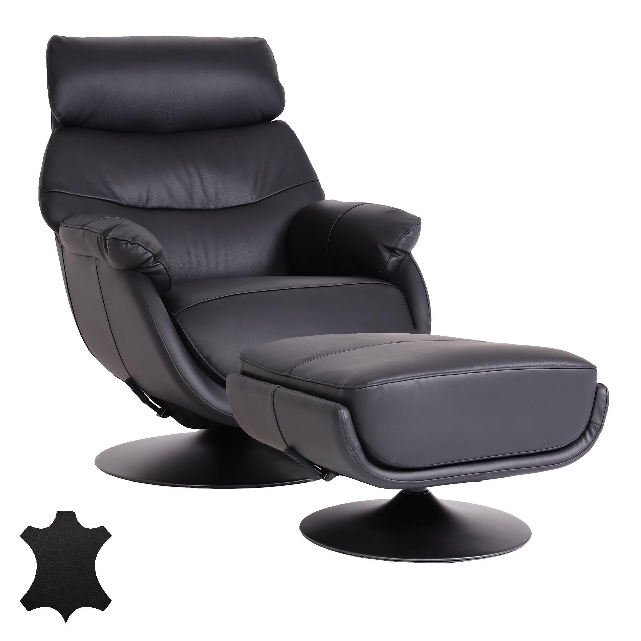 Relaxsessel mit Hocker MCW-K99, Fernsehsessel Sessel, Wippfunktion drehbar, Metall Echtleder/Kunstleder ~ schwarz 