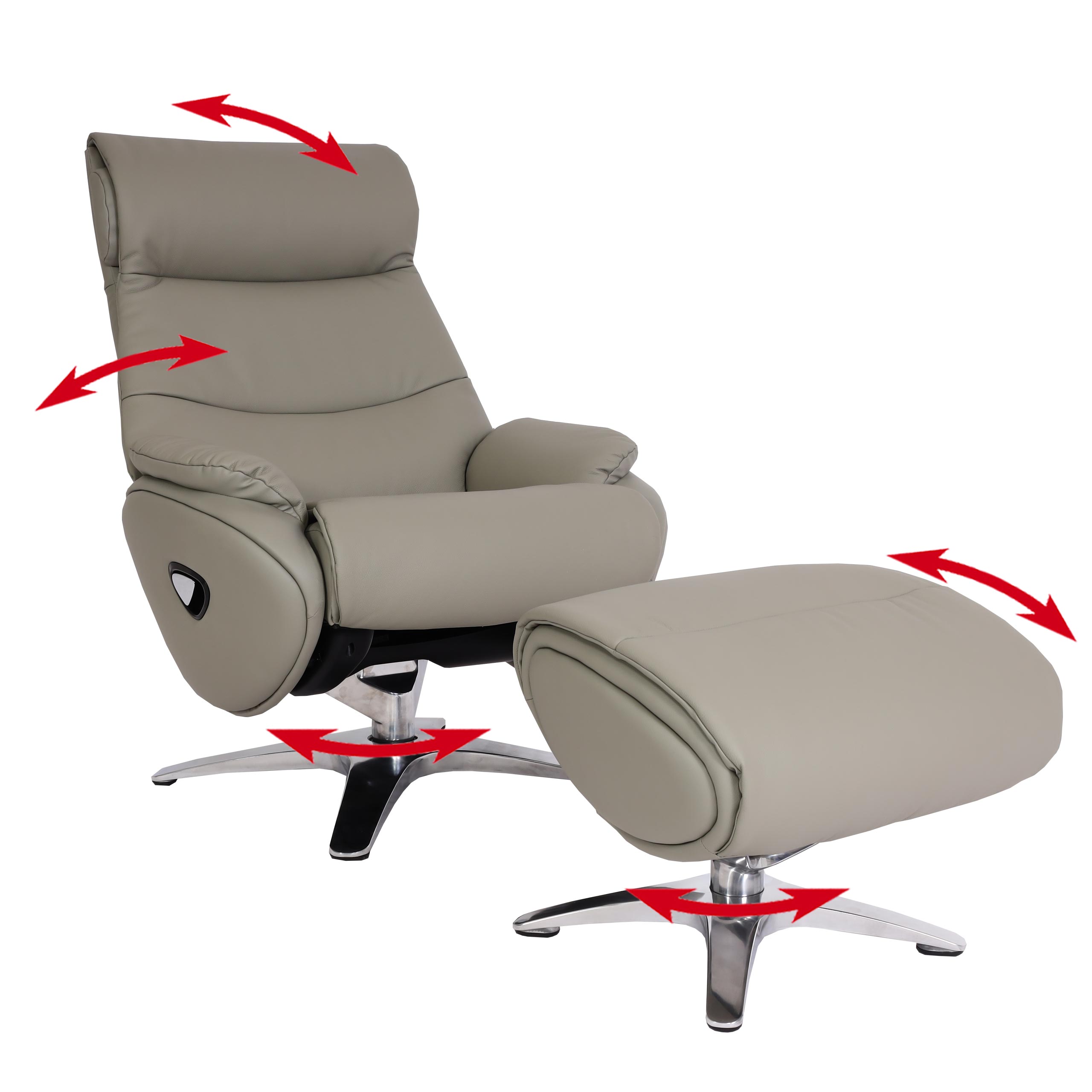 Relaxsessel mit Hocker MCW-K98, Fernsehsessel Sessel, Liegefunktion drehbar, Metall Echtleder/Kunstleder ~ grau 