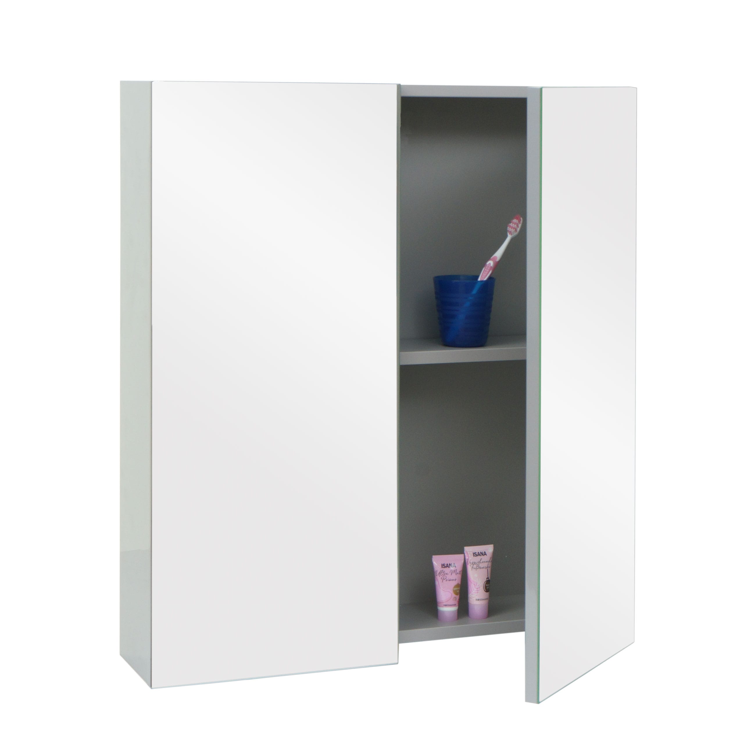 Spiegelschrank MCW-B19b, Badschrank H&auml;ngeschrank, 2 Regalb&ouml;den hochglanz MVG-zertifiziert 70x60x16cm ~ grau 