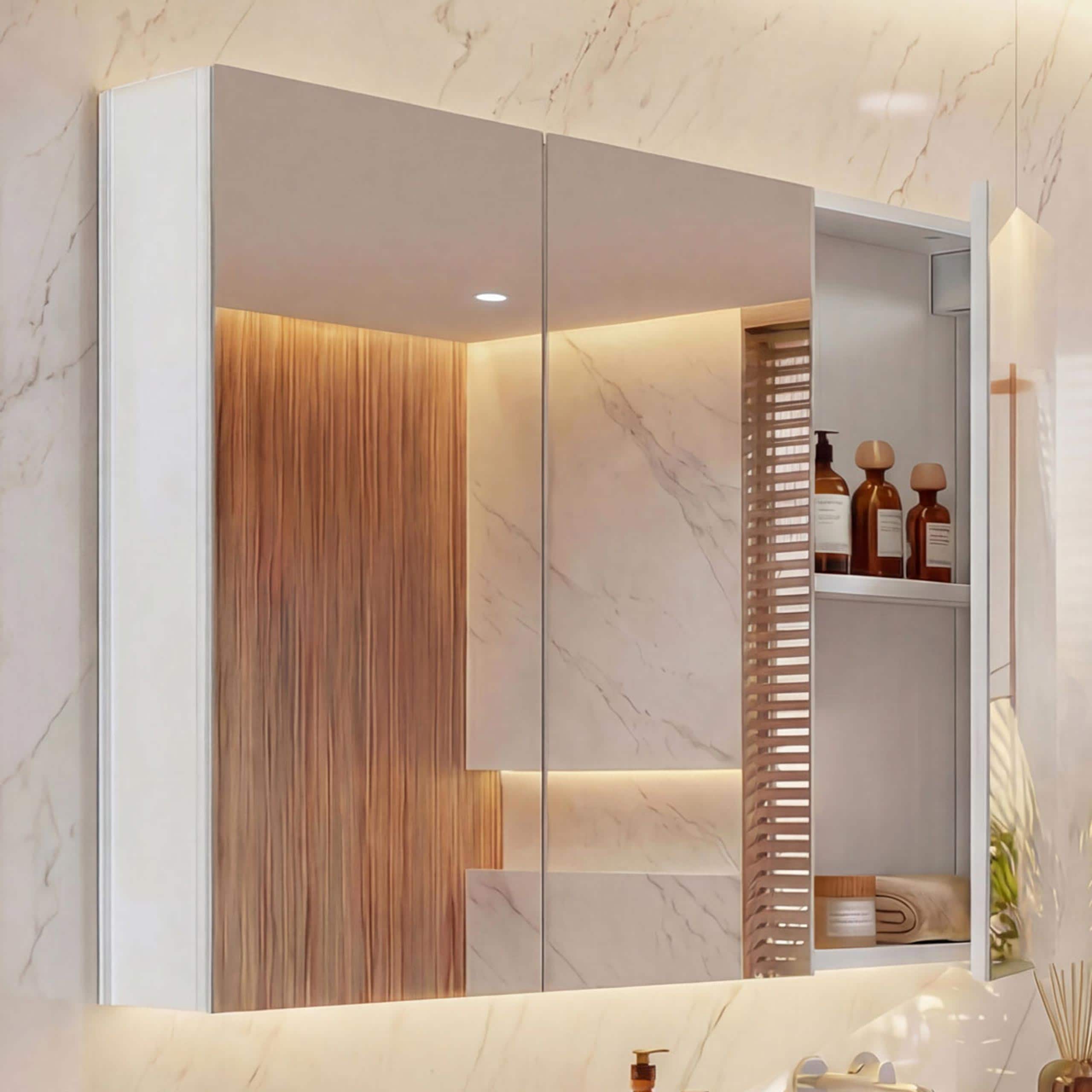 Spiegelschrank MCW-B19b, Badschrank H&auml;ngeschrank, 6 Regalb&ouml;den hochglanz MVG-zertifiziert 70x80x16cm ~ wei&szlig; 