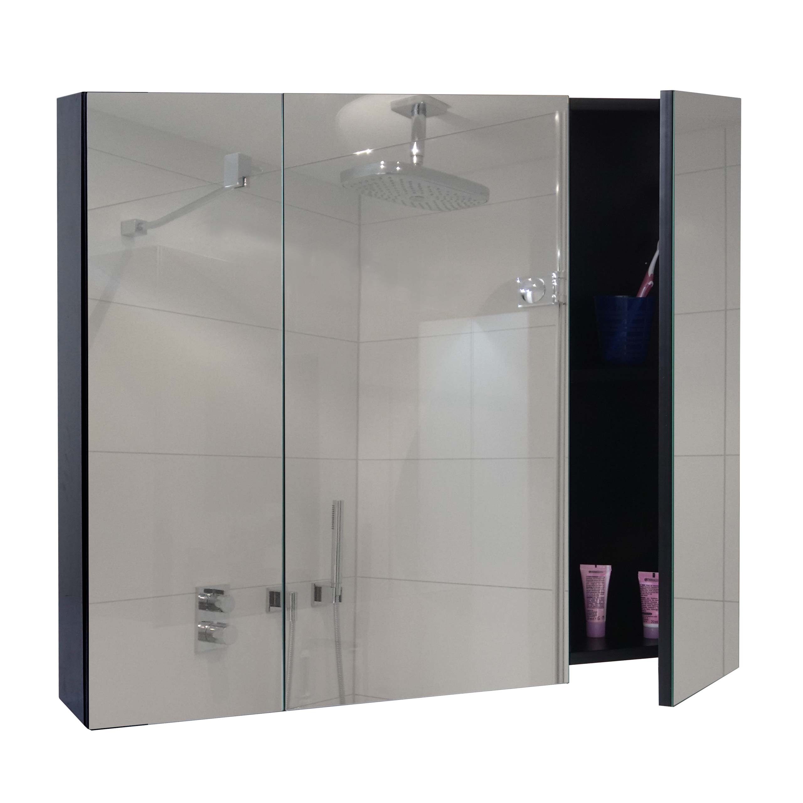 Spiegelschrank MCW-B19b, Badschrank H&auml;ngeschrank, 6 Regalb&ouml;den hochglanz MVG-zertifiziert 70x80x16cm ~ schwarz 