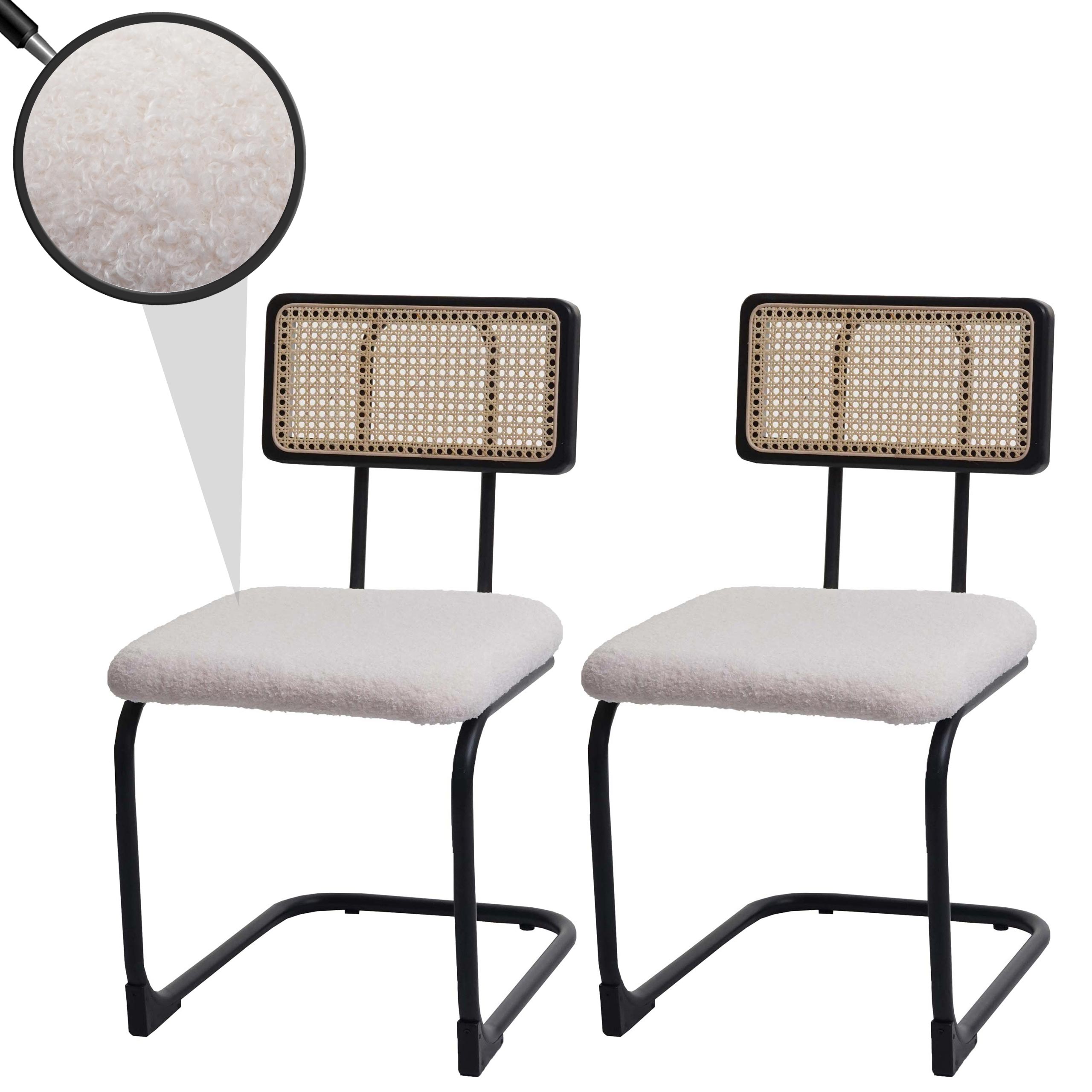 2er-Set Freischwinger-Stuhl MCW-K88, Stuhl Lehnstuhl, Holz Rattan Metall Boucl&eacute; ~ Stoff/Textil wei&szlig; 