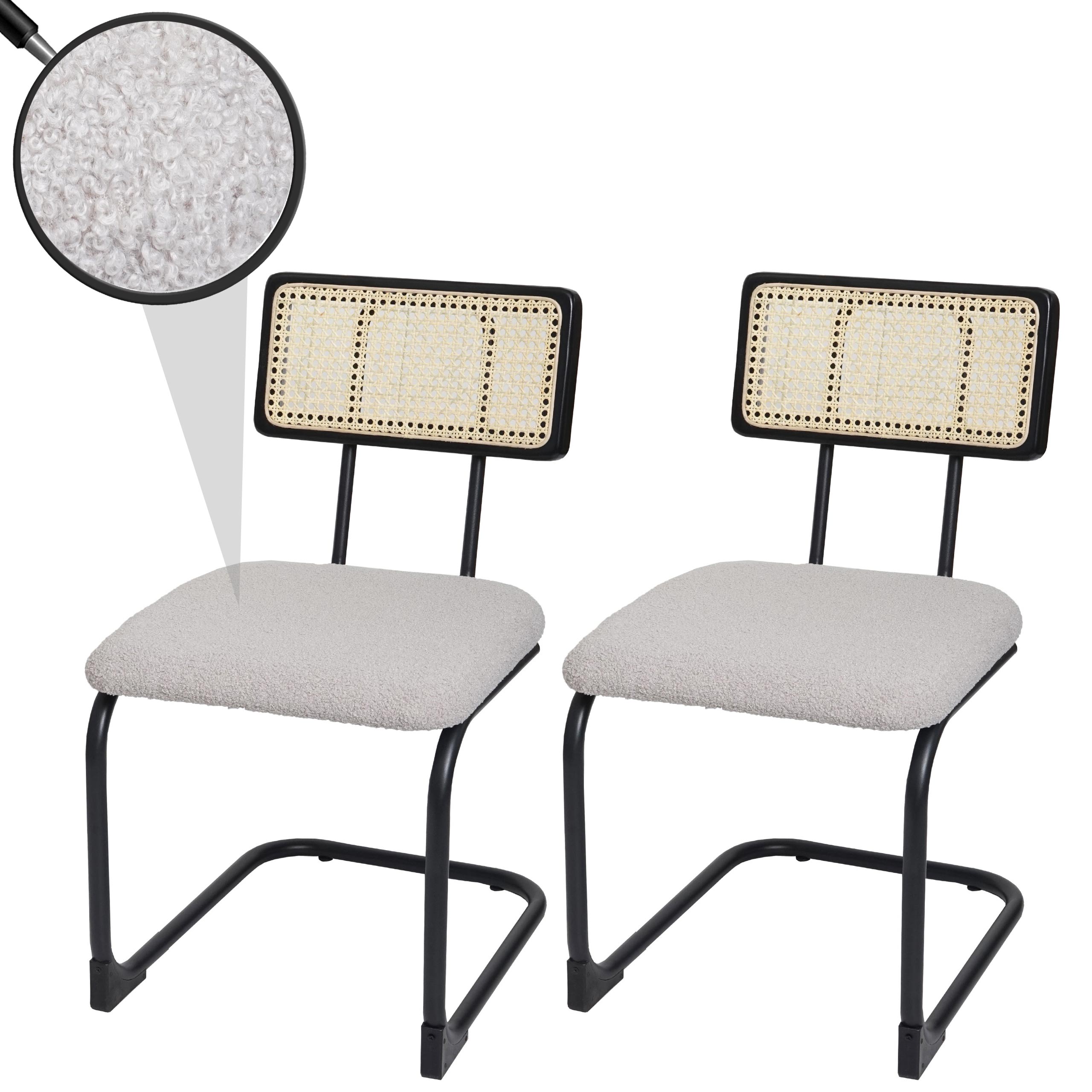 2er-Set Freischwinger-Stuhl MCW-K88, Stuhl Lehnstuhl, Holz Rattan Metall Boucl&eacute; ~ Stoff/Textil hellgrau 