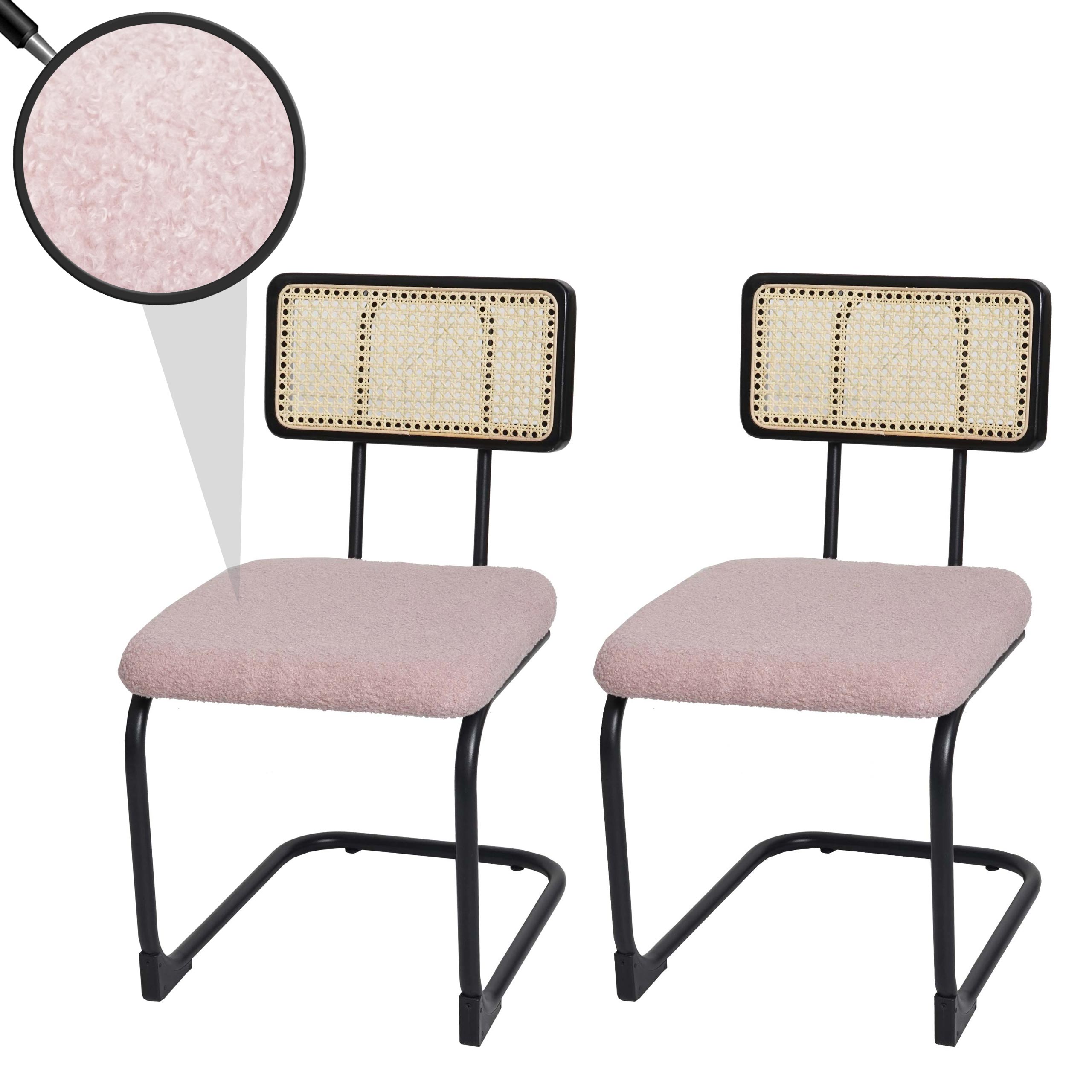 2er-Set Freischwinger-Stuhl MCW-K88, Stuhl Lehnstuhl, Holz Rattan Metall Boucl&eacute; ~ Stoff/Textil rosa 