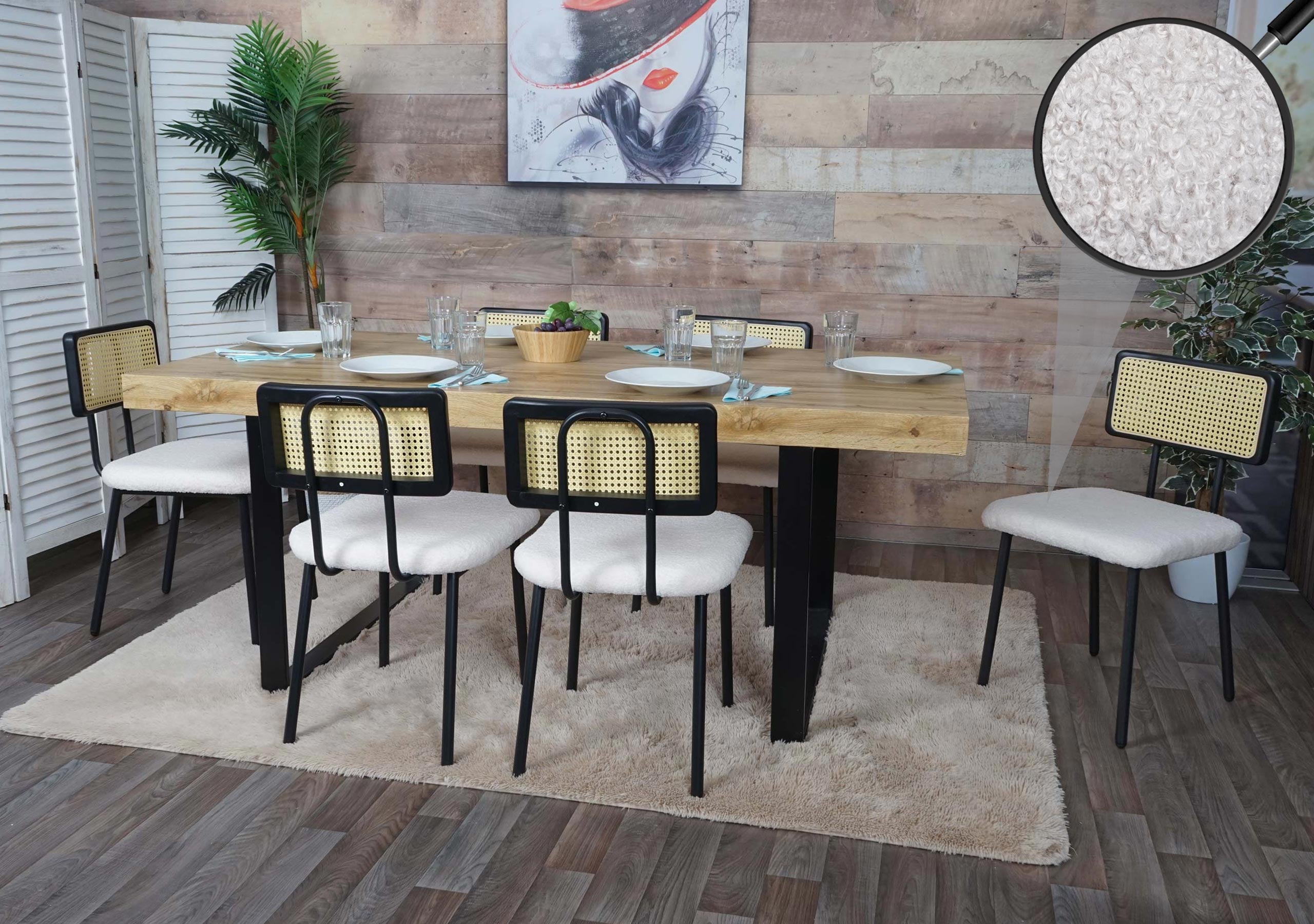 6er-Set Esszimmerstuhl MCW-K88, Lehnstuhl Stuhl, Holz Poly-Rattan Metall Boucl&eacute; ~ Stoff/Textil wei&szlig; 