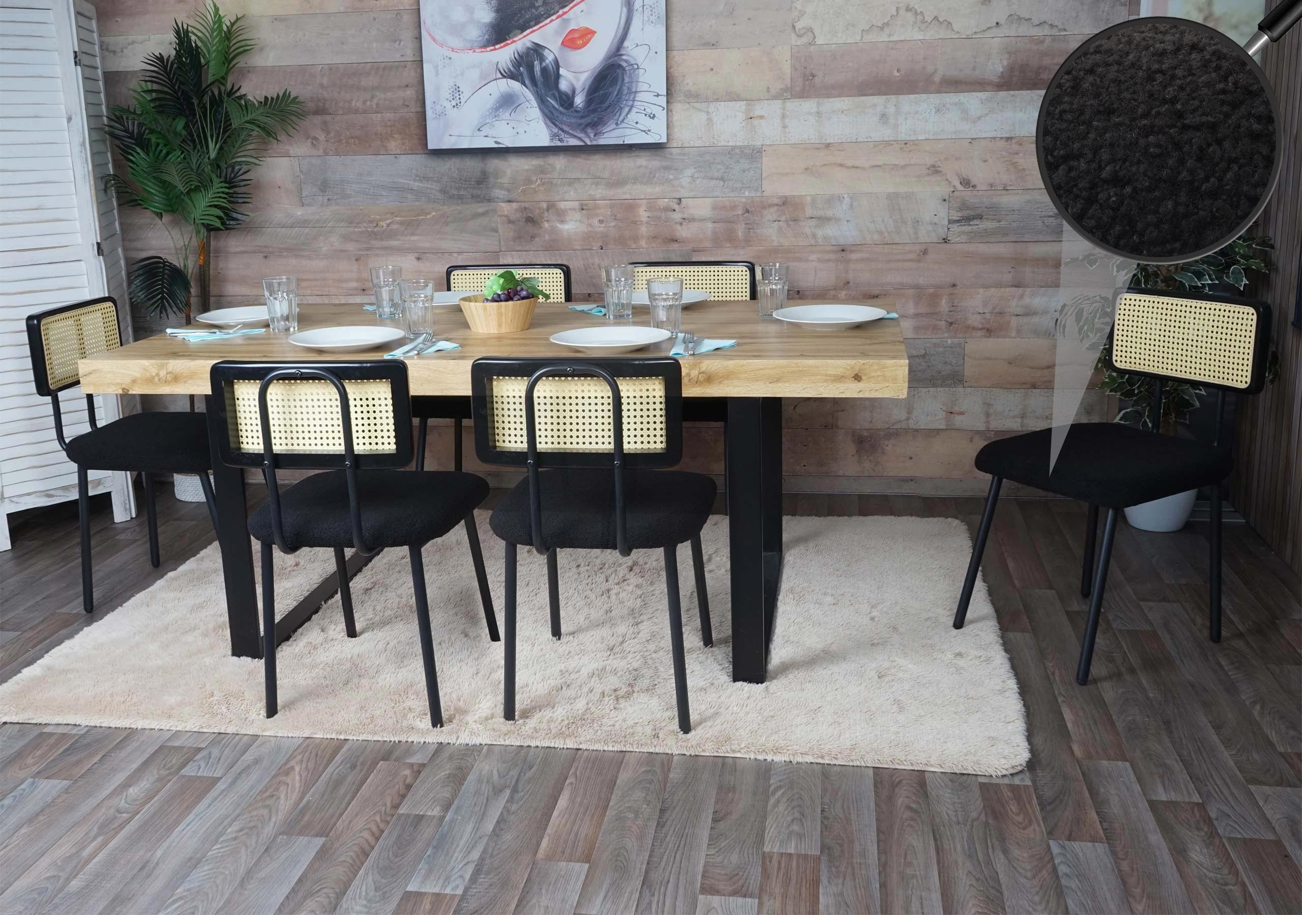 6er-Set Esszimmerstuhl MCW-K88, Lehnstuhl Stuhl, Holz Poly-Rattan Metall Boucl&eacute; ~ Stoff/Textil schwarz 