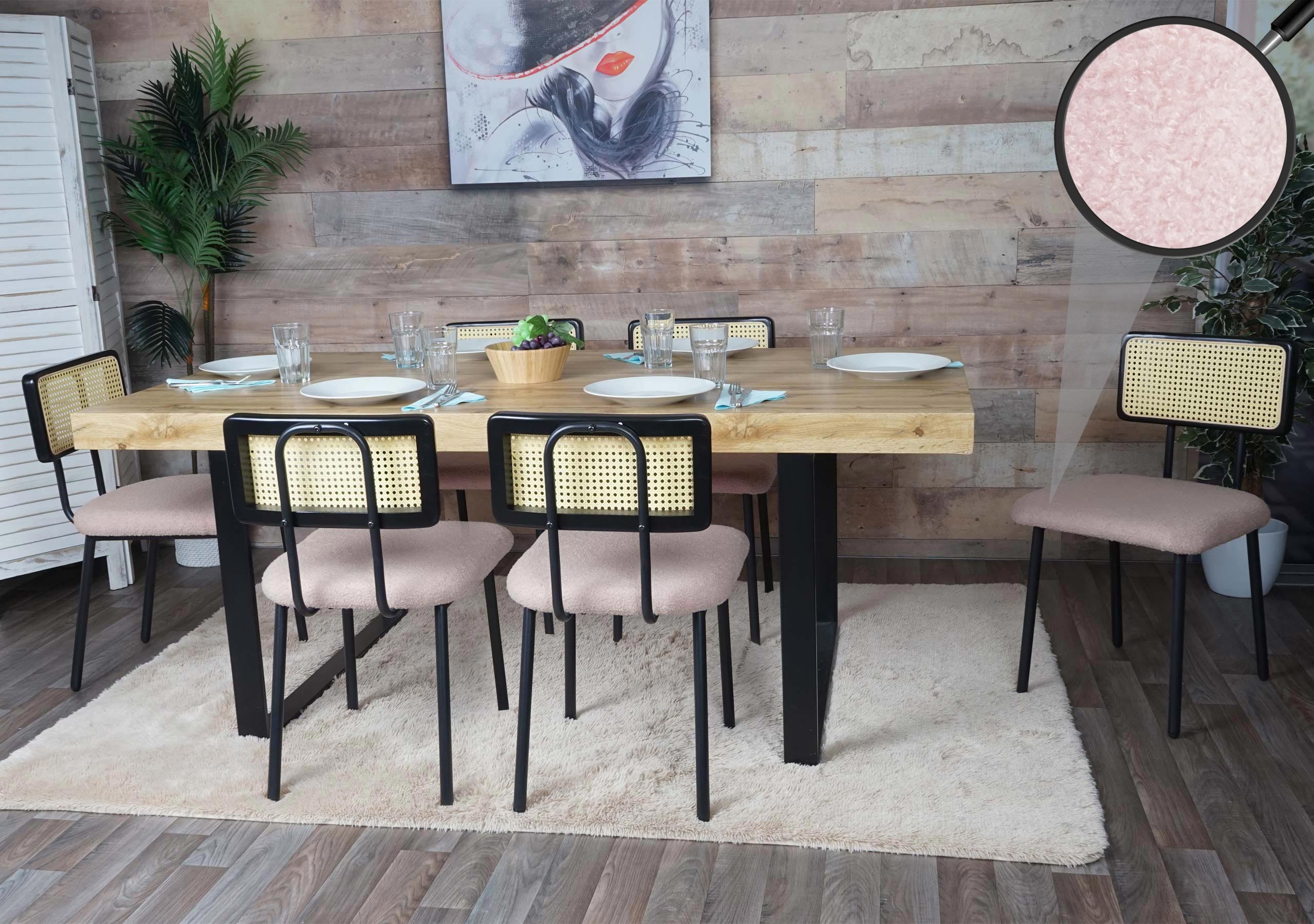 6er-Set Esszimmerstuhl MCW-K88, Lehnstuhl Stuhl, Holz Poly-Rattan Metall Boucl&eacute; ~ Stoff/Textil rosa 