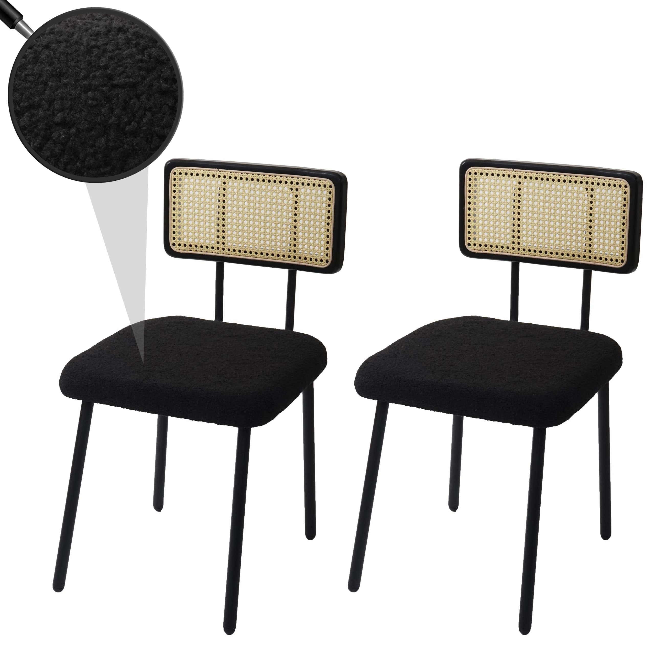 2er-Set Esszimmerstuhl MCW-K88, Lehnstuhl Stuhl, Holz Poly-Rattan Metall Boucl&eacute; ~ Stoff/Textil schwarz 