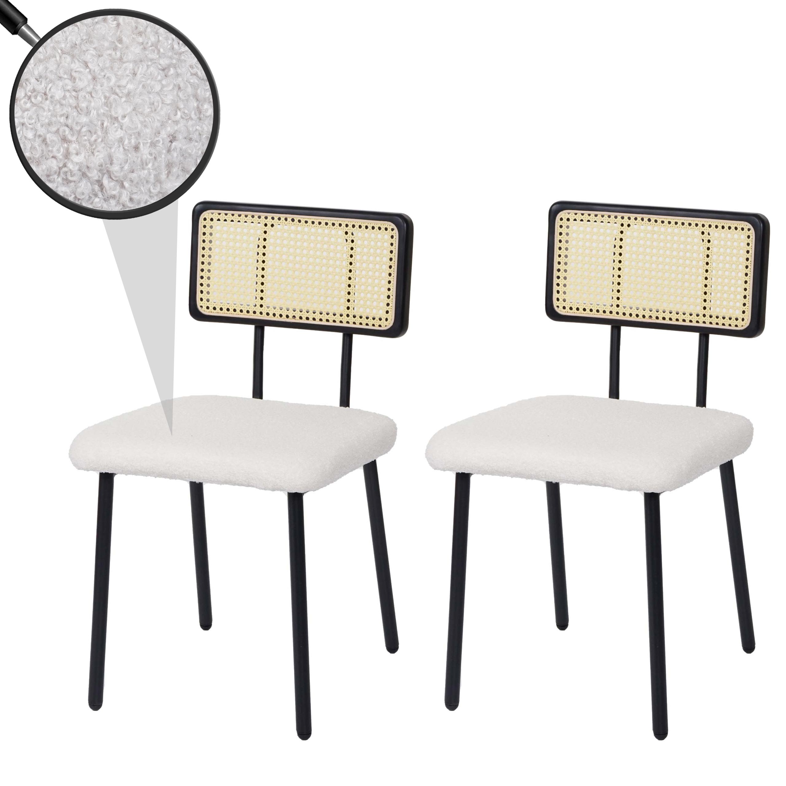 2er-Set Esszimmerstuhl MCW-K88, Lehnstuhl Stuhl, Holz Poly-Rattan Metall Boucl&eacute; ~ Stoff/Textil wei&szlig; 