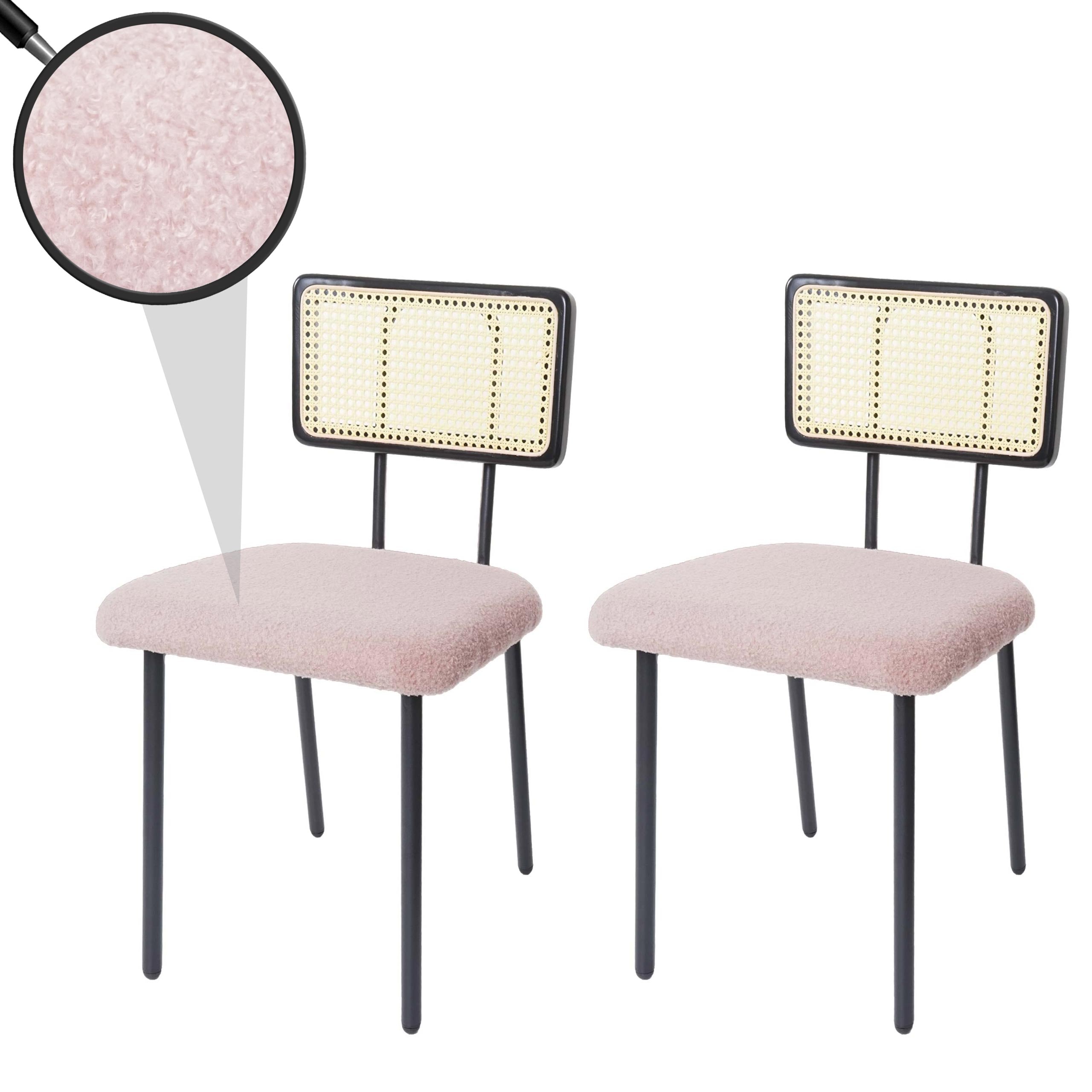 2er-Set Esszimmerstuhl MCW-K88, Lehnstuhl Stuhl, Holz Poly-Rattan Metall Boucl&eacute; ~ Stoff/Textil rosa 