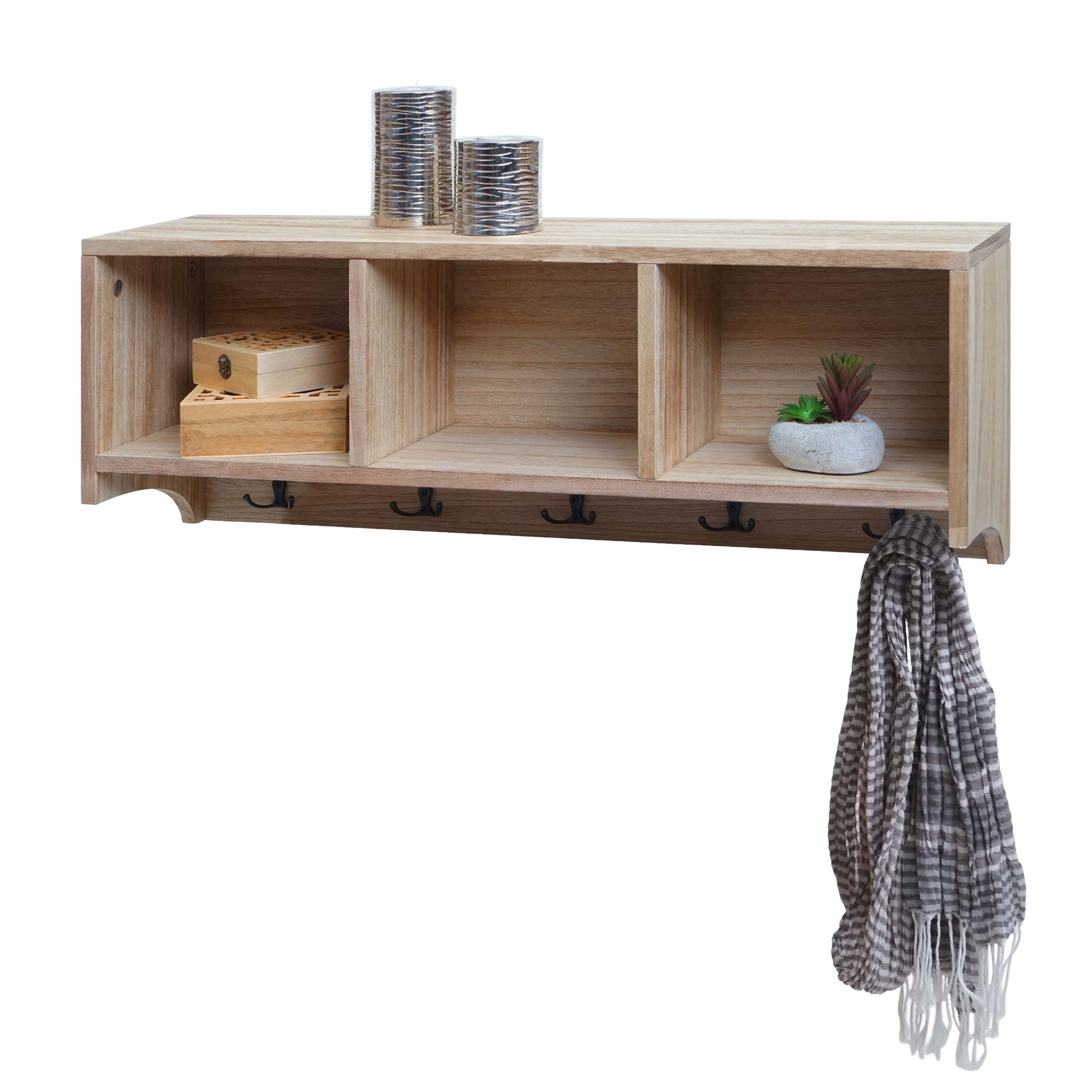 Wandregal MCW-K49, Garderobe Wandgarderobe Regal, 3 Stauf&auml;cher 5 Haken 30x80x20cm Holz ~ naturbraun 