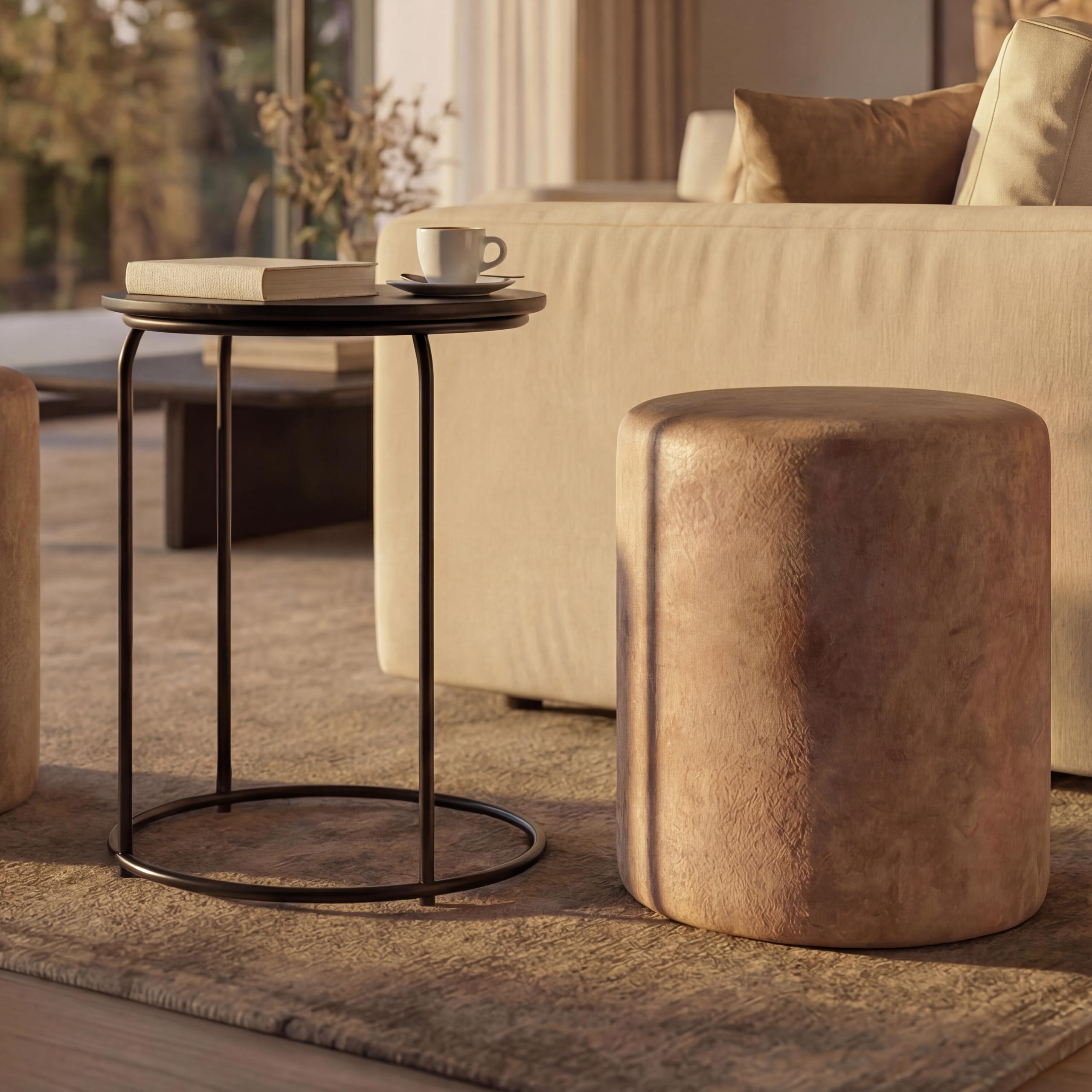 2er-Set Sitzhocker und Beistelltisch MCW-K48, Kaffeetisch Tisch Hocker, MVG-zertifiziert MDF Metall Kunstleder ~ braun - Bild 1