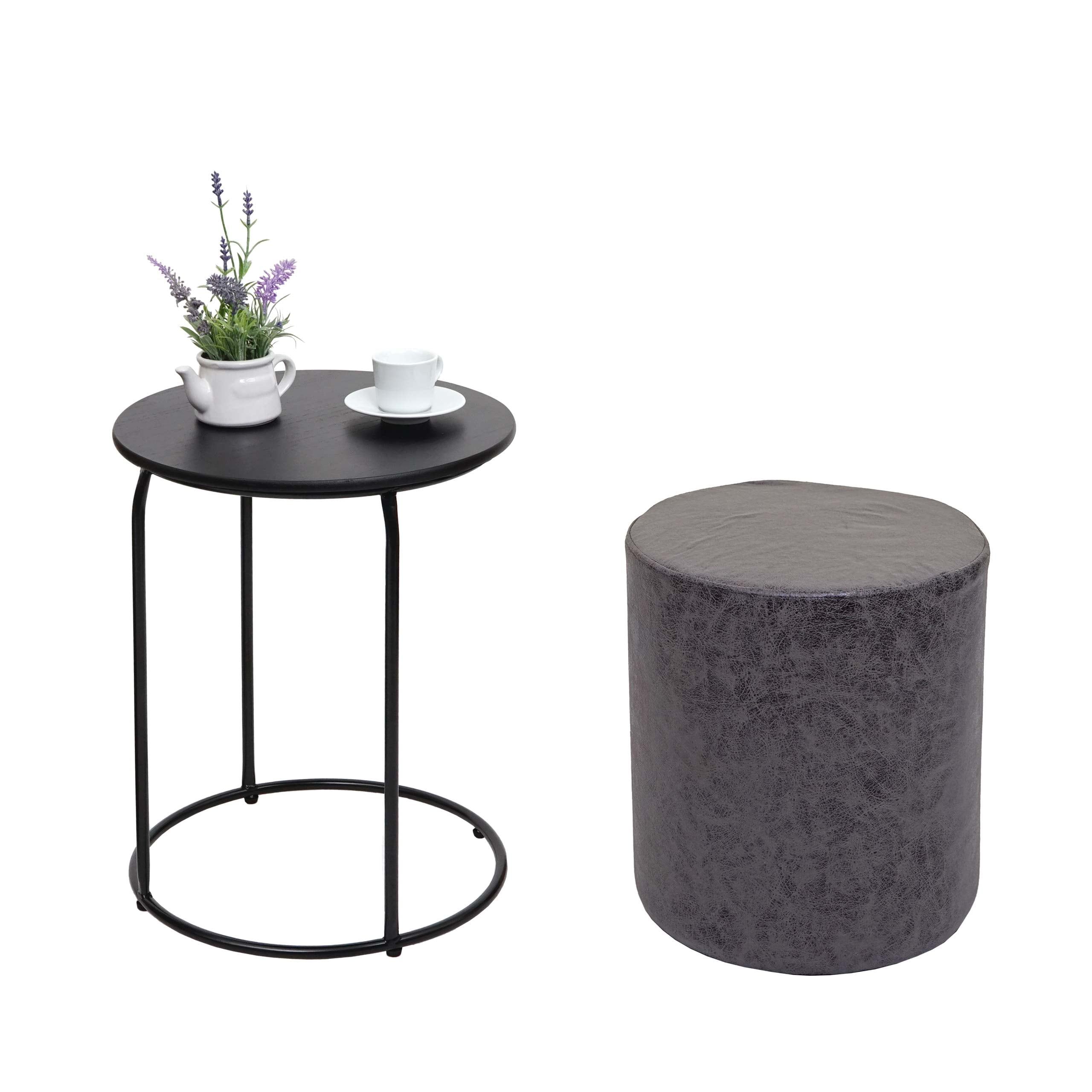 2er-Set Sitzhocker und Beistelltisch MCW-K48, Kaffeetisch Tisch Hocker, MVG-zertifiziert MDF Metall Kunstleder ~ schwarz 