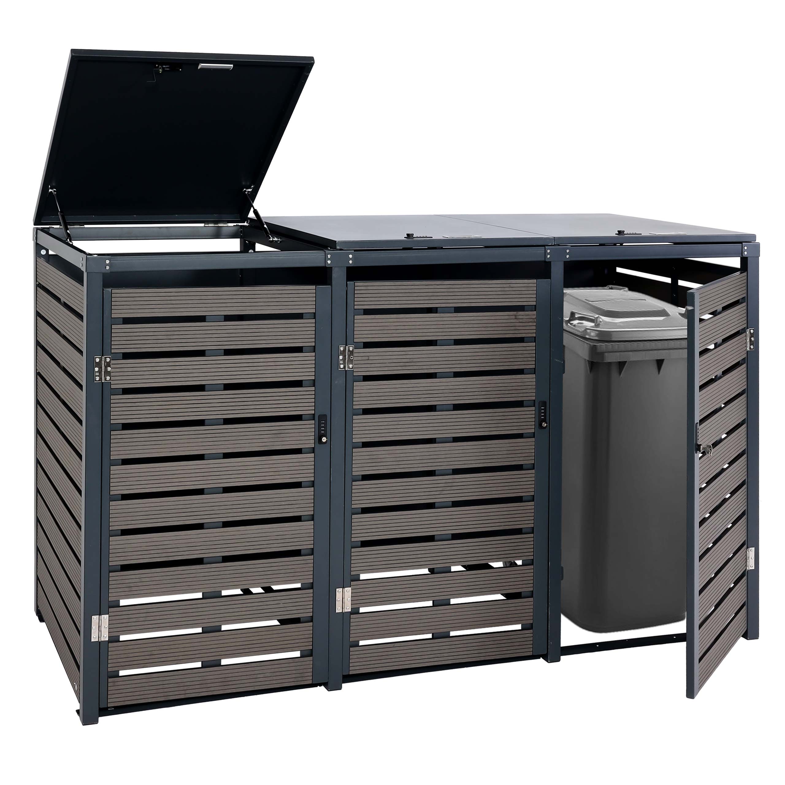 3er M&uuml;lltonnenverkleidung MCW-K14, M&uuml;lltonnenbox M&uuml;lltonnenabdeckung, 119x205x84cm WPC Metall 109kg ~ anthrazit 