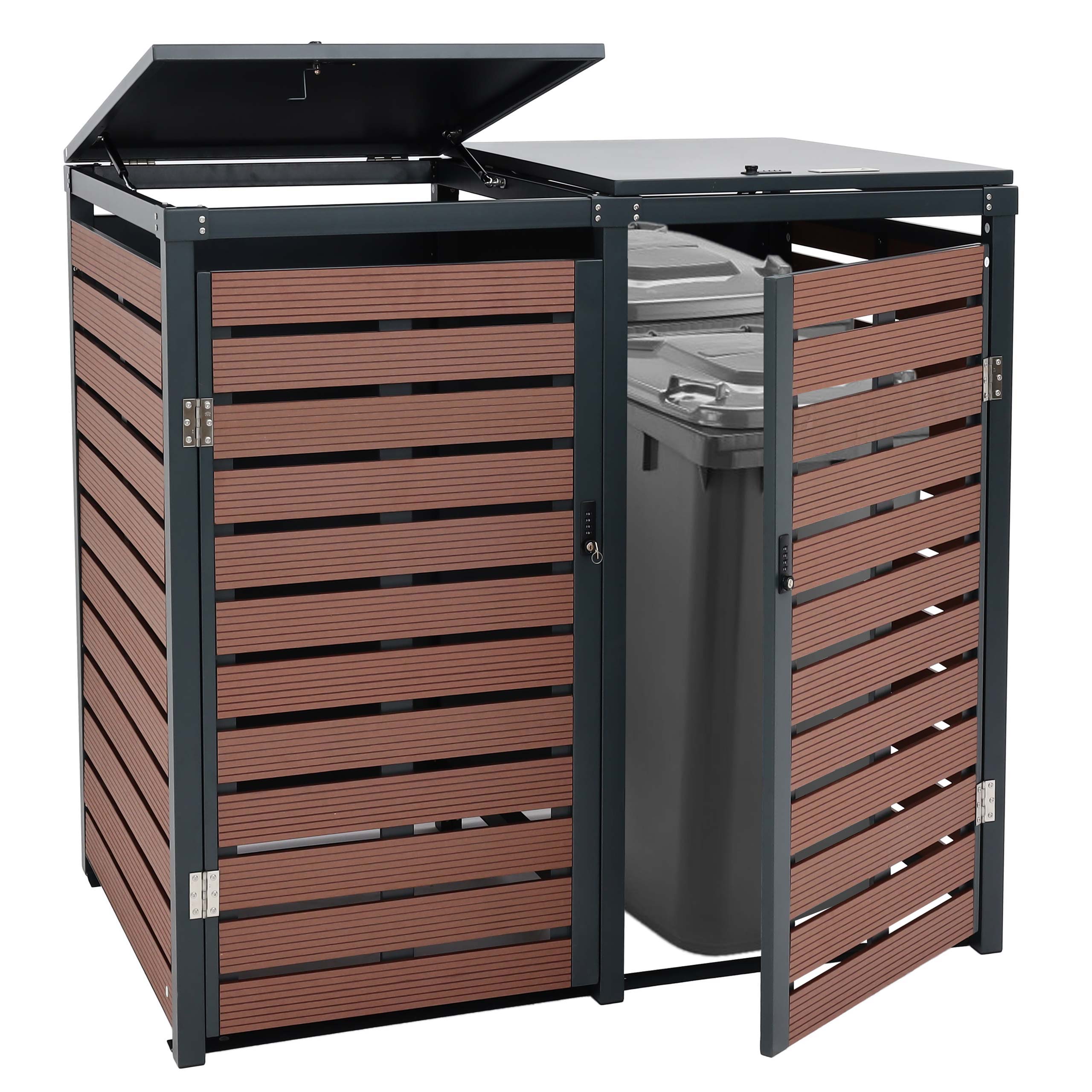 XL 2er-/4er-M&uuml;lltonnenverkleidung MCW-K14, M&uuml;lltonnenbox, 119x140x102cm WPC Metall 86kg ~ Walnuss-Holzoptik 