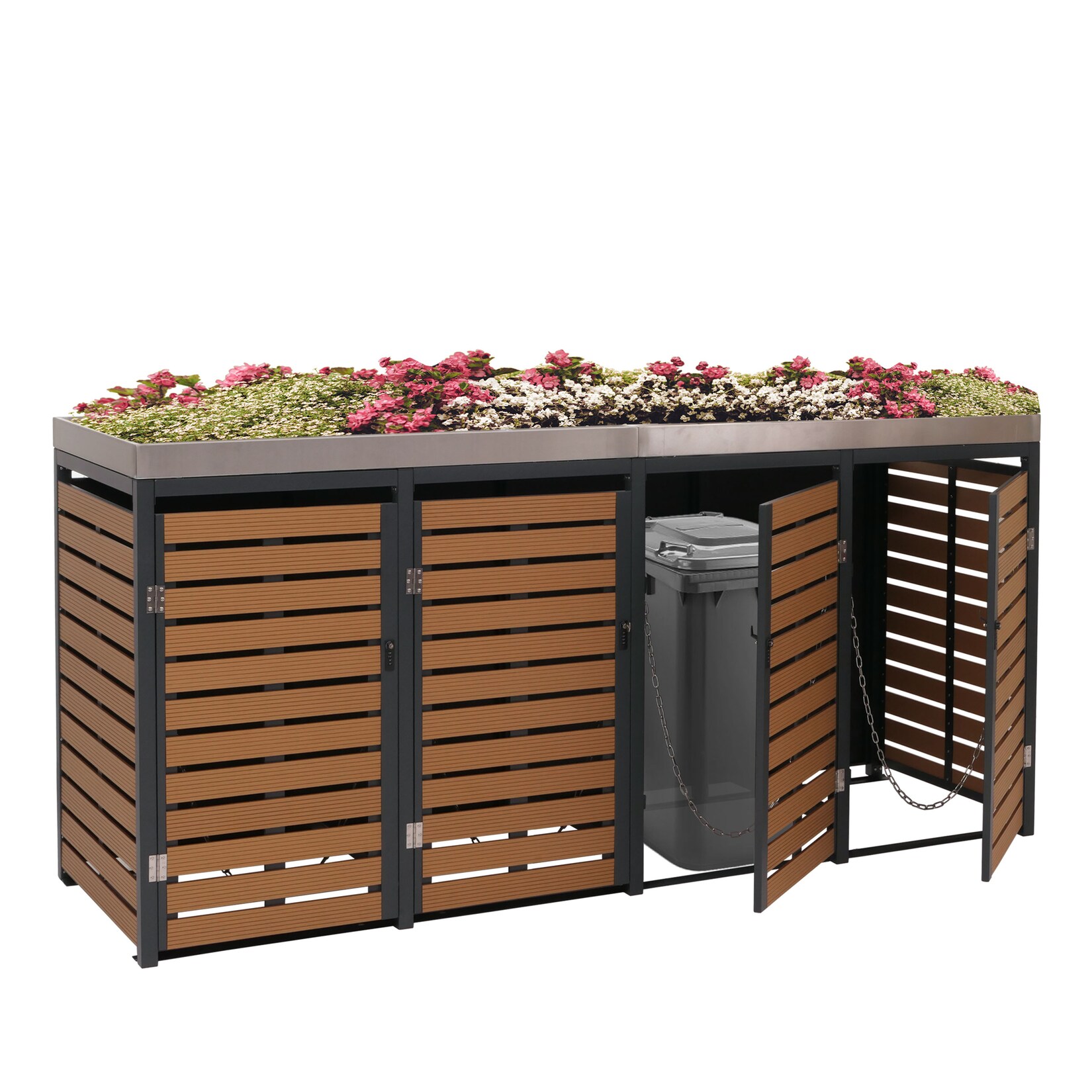 4er Mülltonnenverkleidung -K14, Mülltonnenbox mit Pflanzkasten, 124x265x84cm WPC Edelstahl  ~ Teak-Optik