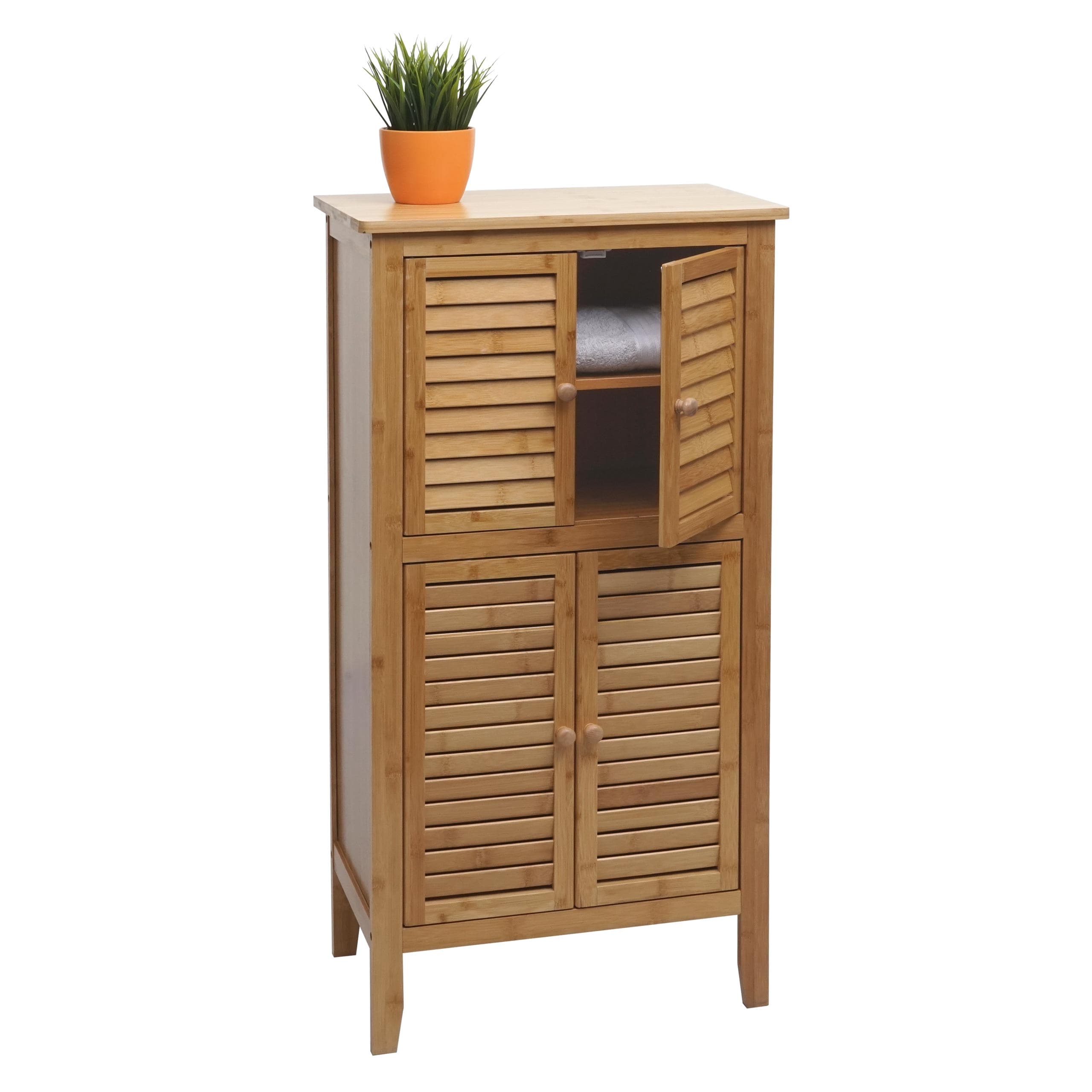Badezimmerschrank MCW-B18, Regal Kommode, 4 T&uuml;ren Bambus 100x50x30cm 