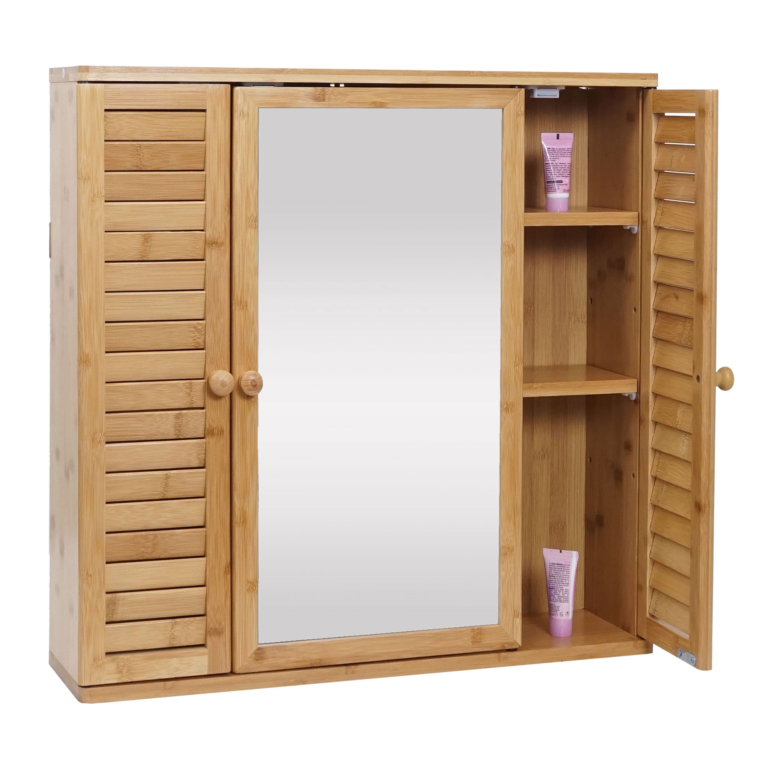 Spiegelschrank MCW-B18, Badspiegelschrank H&auml;ngeschrank, 3 Regalb&ouml;den 3 T&uuml;ren Bambus Spiegel 60x60x15cm 