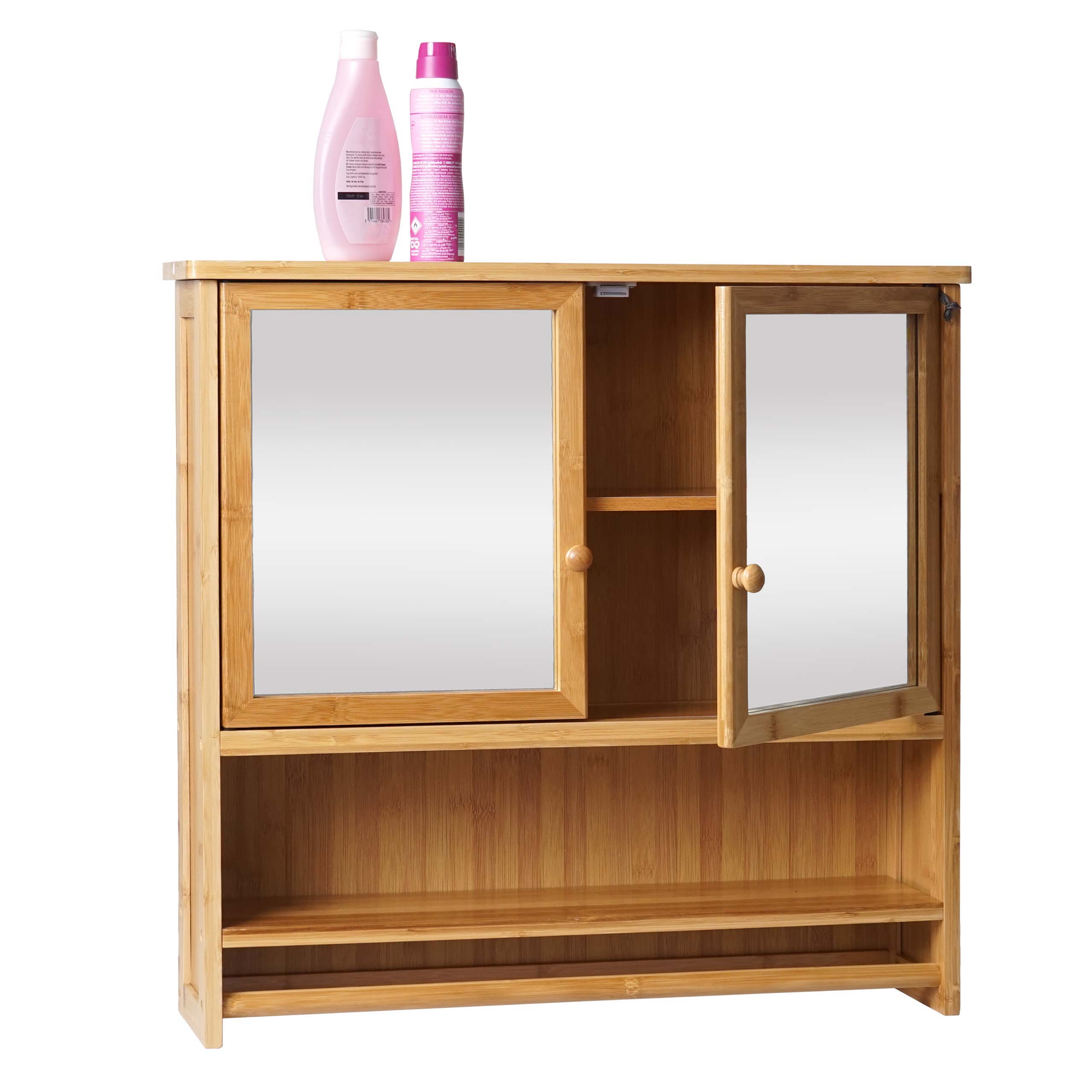 Spiegelschrank MCW-B18, Badspiegelschrank H&auml;ngeschrank, 3 Regalb&ouml;den 2 T&uuml;ren Spiegel Bambus 62x66x15cm 