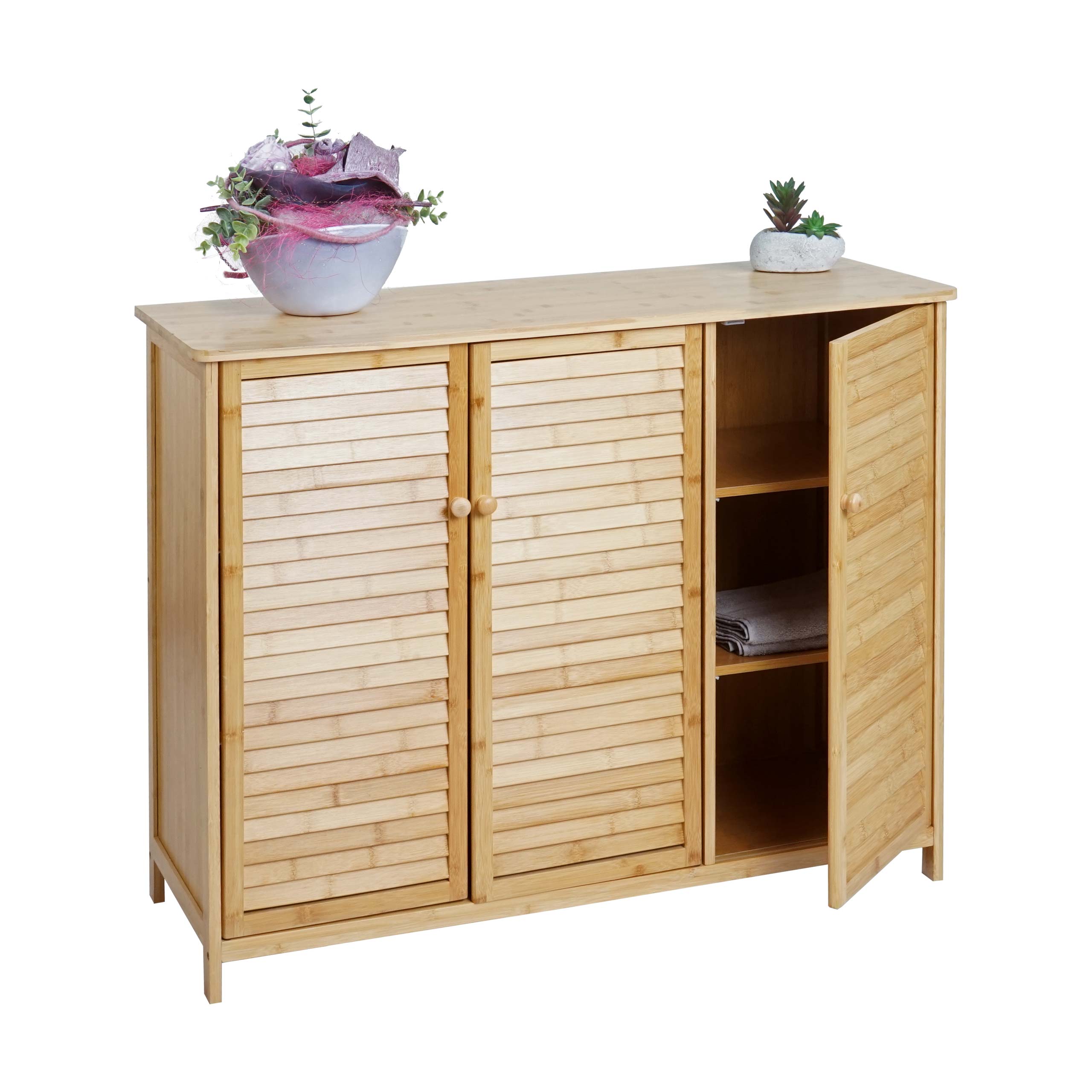 Badezimmerschrank MCW-B18, Badschrank Regal Badregal Kommode, 3 T&uuml;ren Bambus 81x97x34cm 